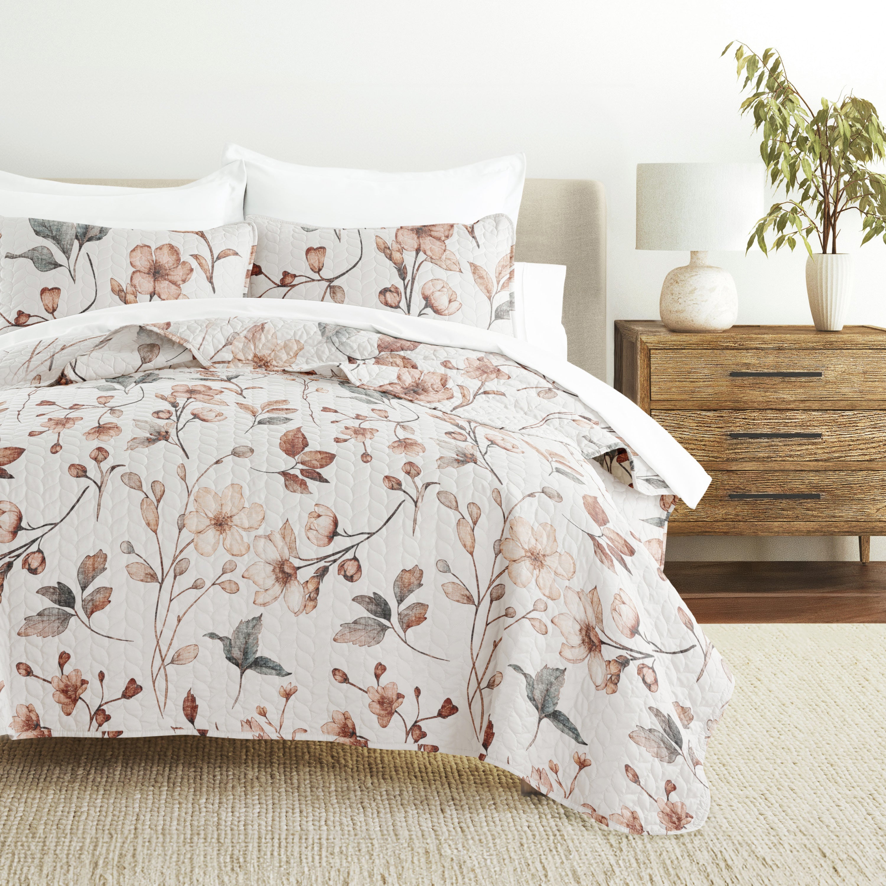 Russet Floral Patterned Quilted Coverlet Set