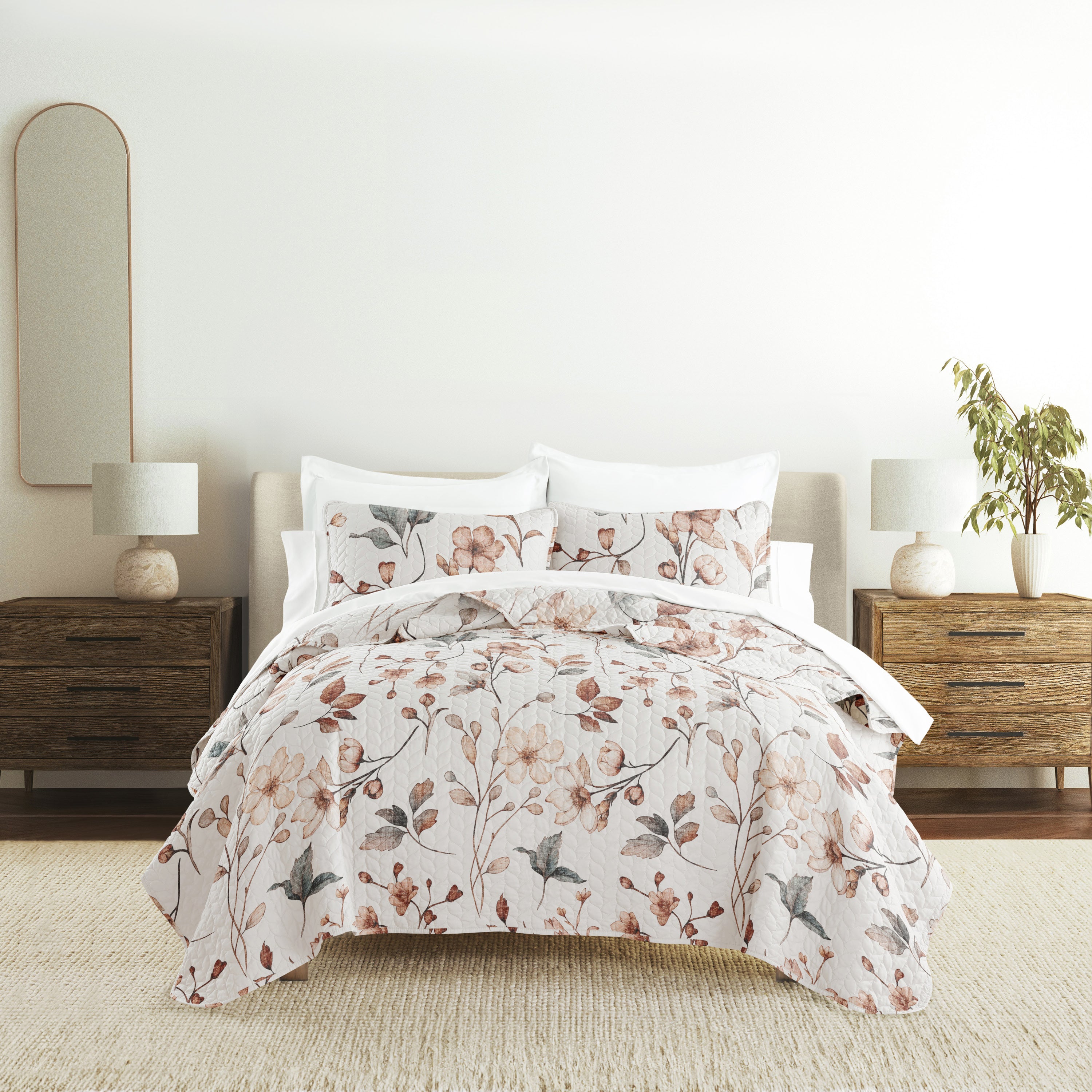 Russet Floral Patterned Quilted Coverlet Set