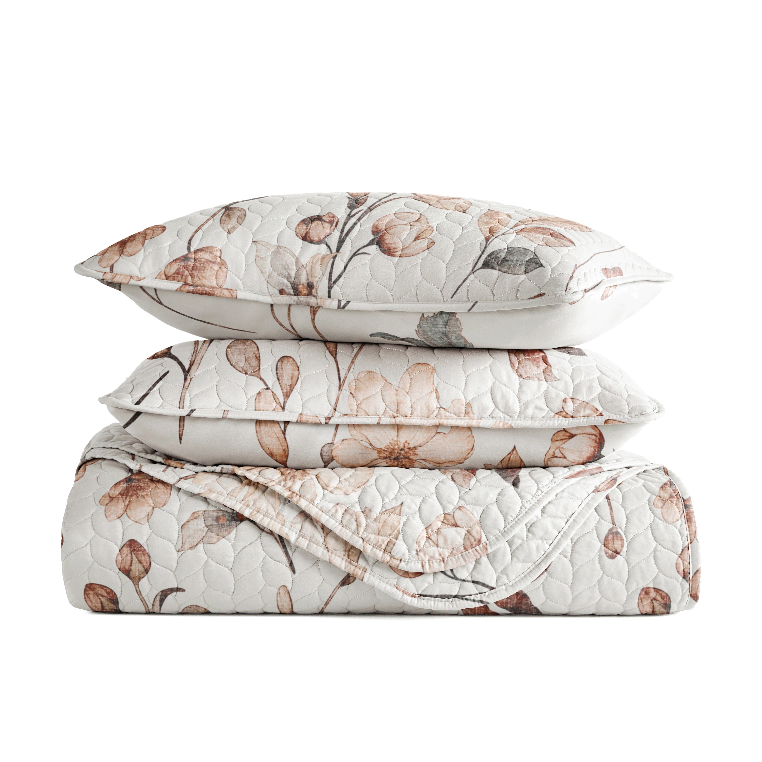 Russet Floral Patterned Quilted Coverlet Set