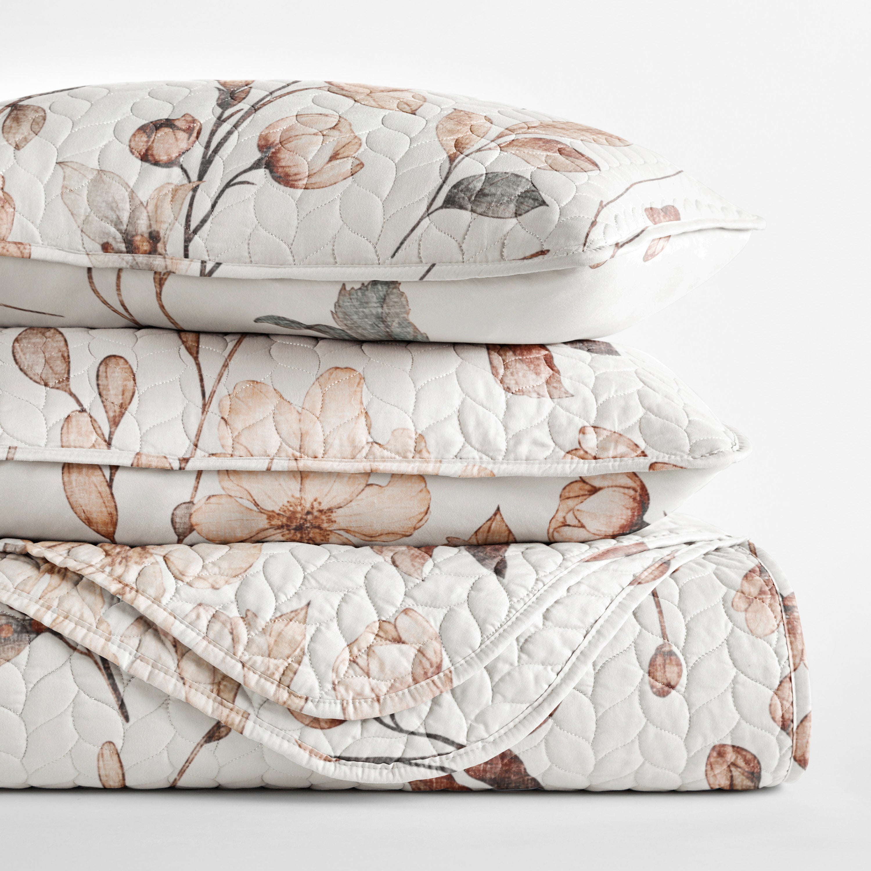Russet Floral Patterned Quilted Coverlet Set