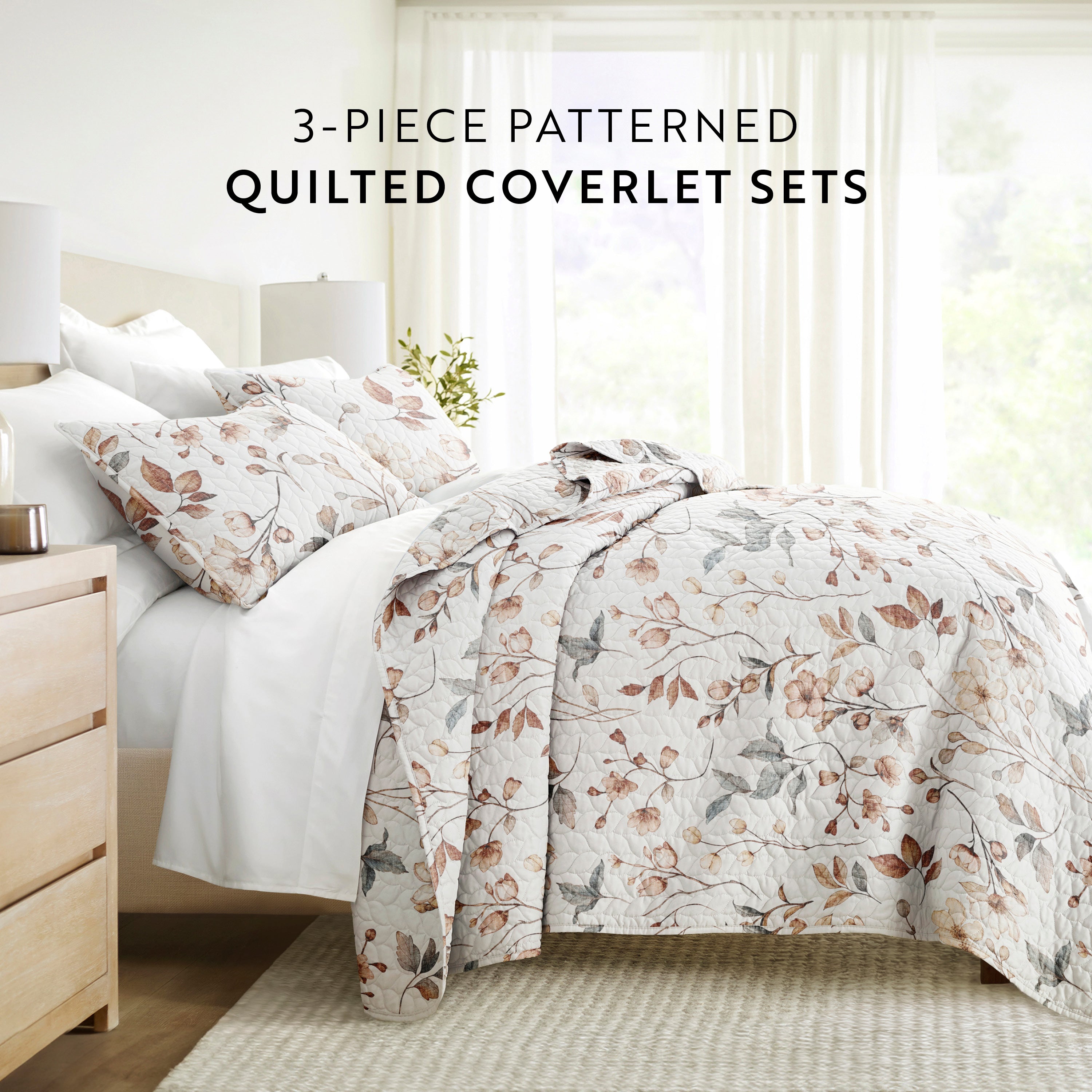 Russet Floral Patterned Quilted Coverlet Set