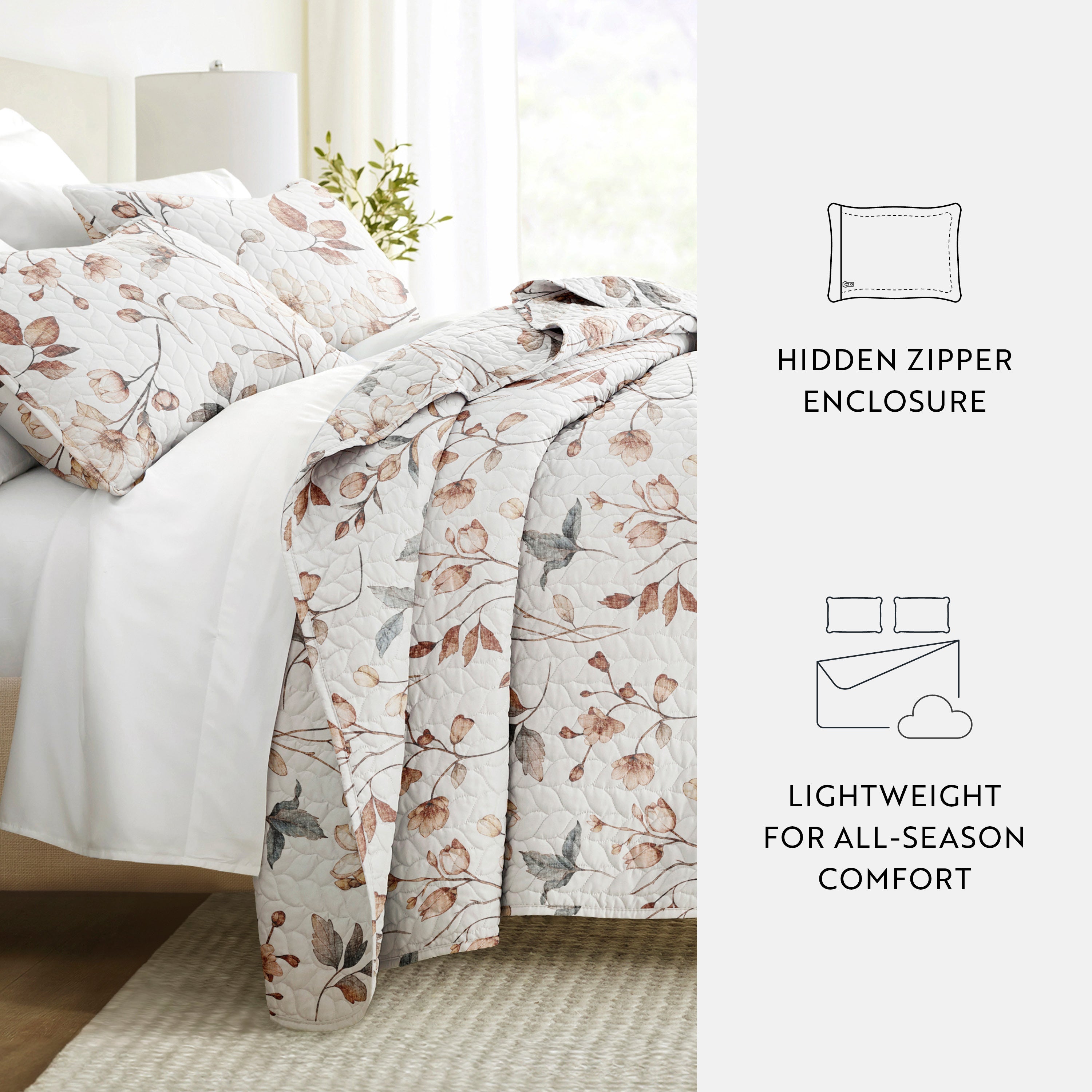 Russet Floral Patterned Quilted Coverlet Set