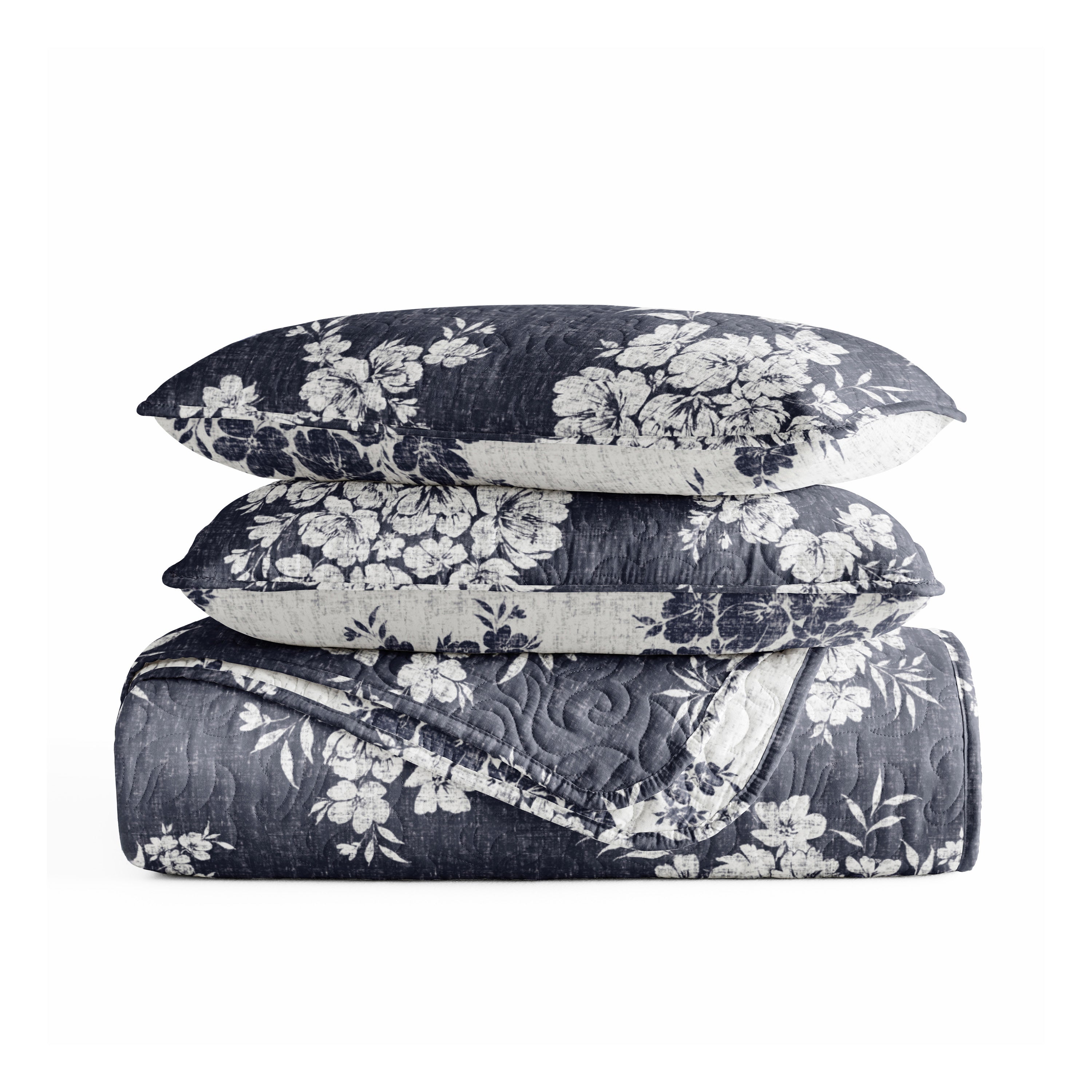 Distressed Bouquet Patterned Quilted Coverlet Set