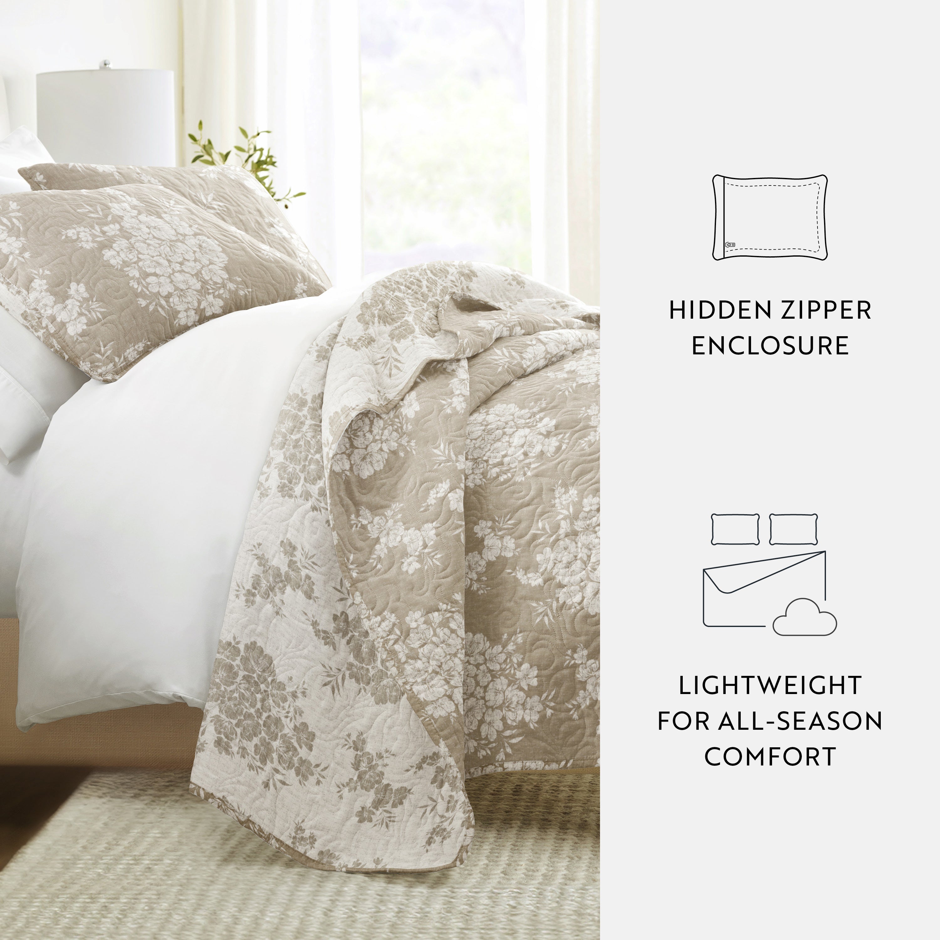 Distressed Bouquet Patterned Quilted Coverlet Set