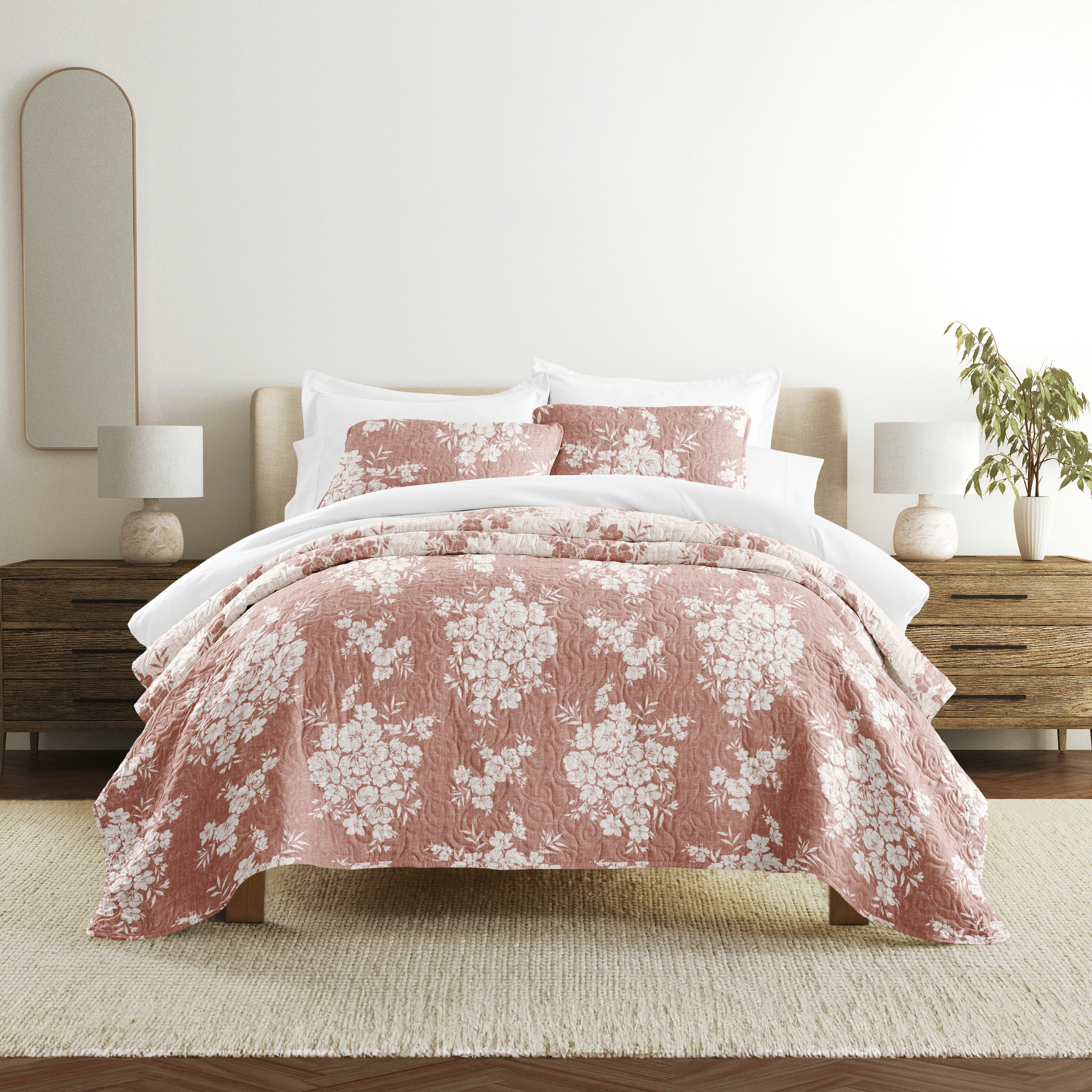 Distressed Bouquet Patterned Quilted Coverlet Set