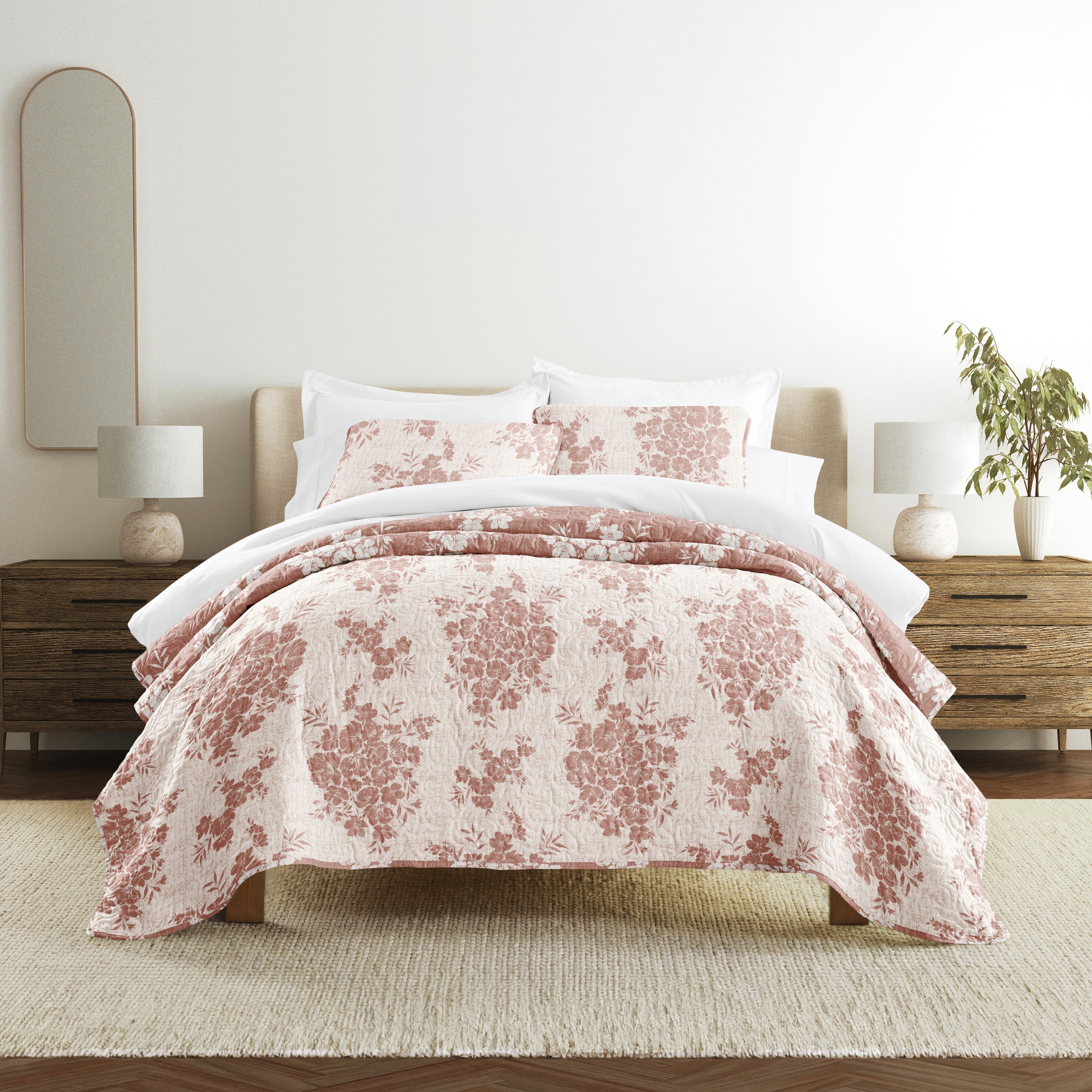 Distressed Bouquet Patterned Quilted Coverlet Set