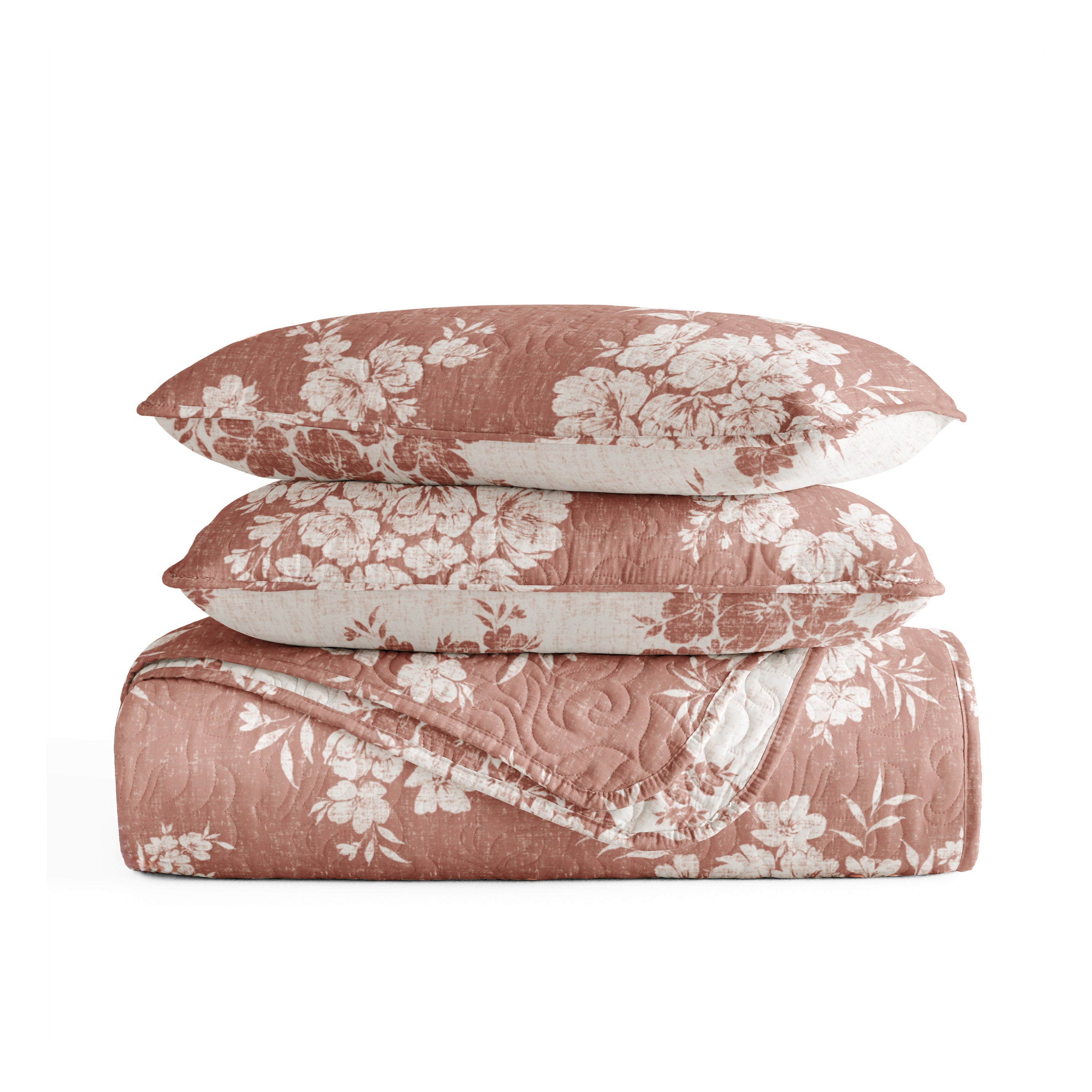 Distressed Bouquet Patterned Quilted Coverlet Set