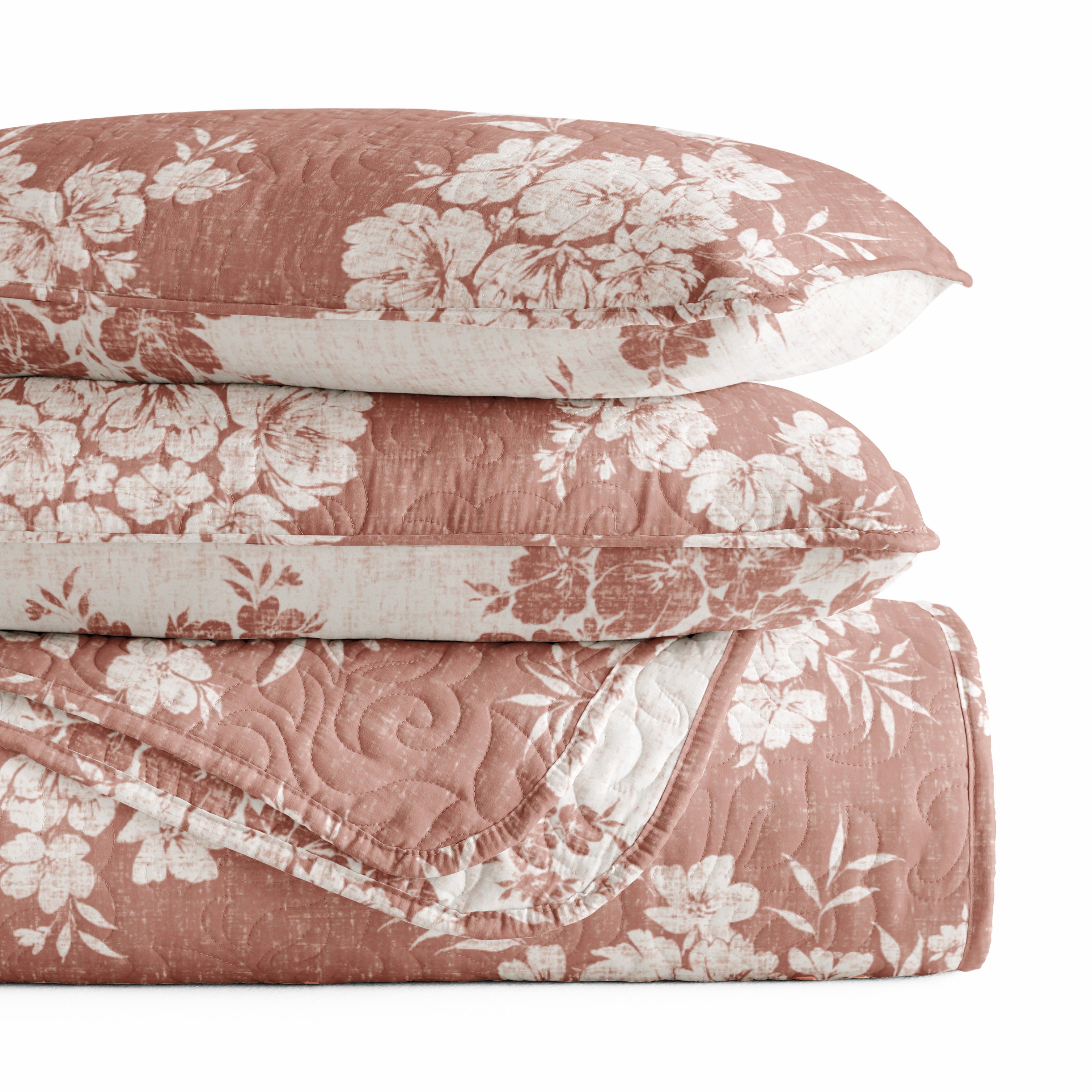 Distressed Bouquet Patterned Quilted Coverlet Set