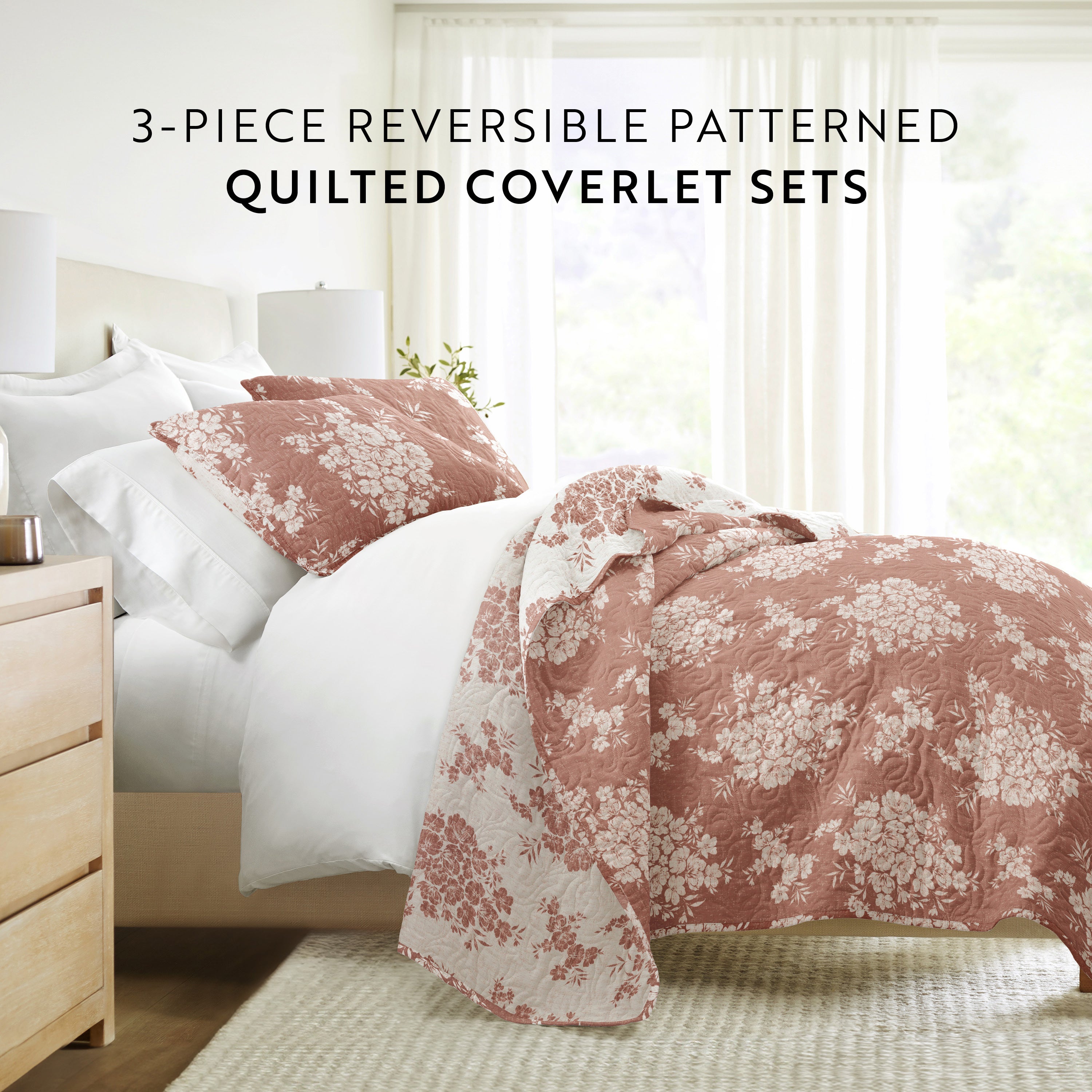 Distressed Bouquet Patterned Quilted Coverlet Set