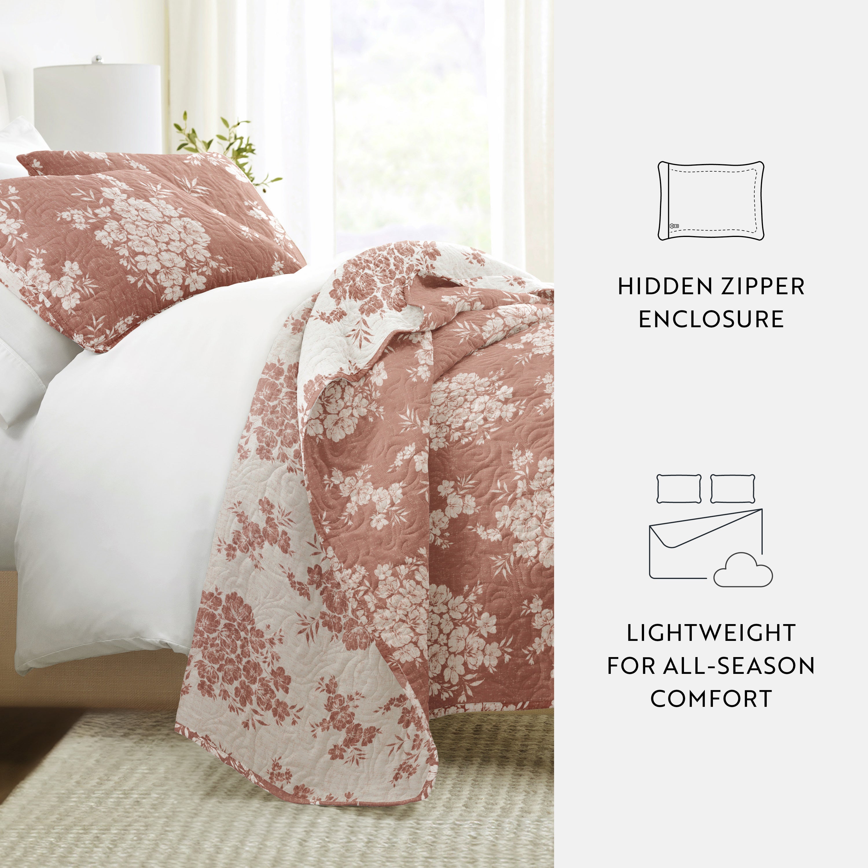 Distressed Bouquet Patterned Quilted Coverlet Set