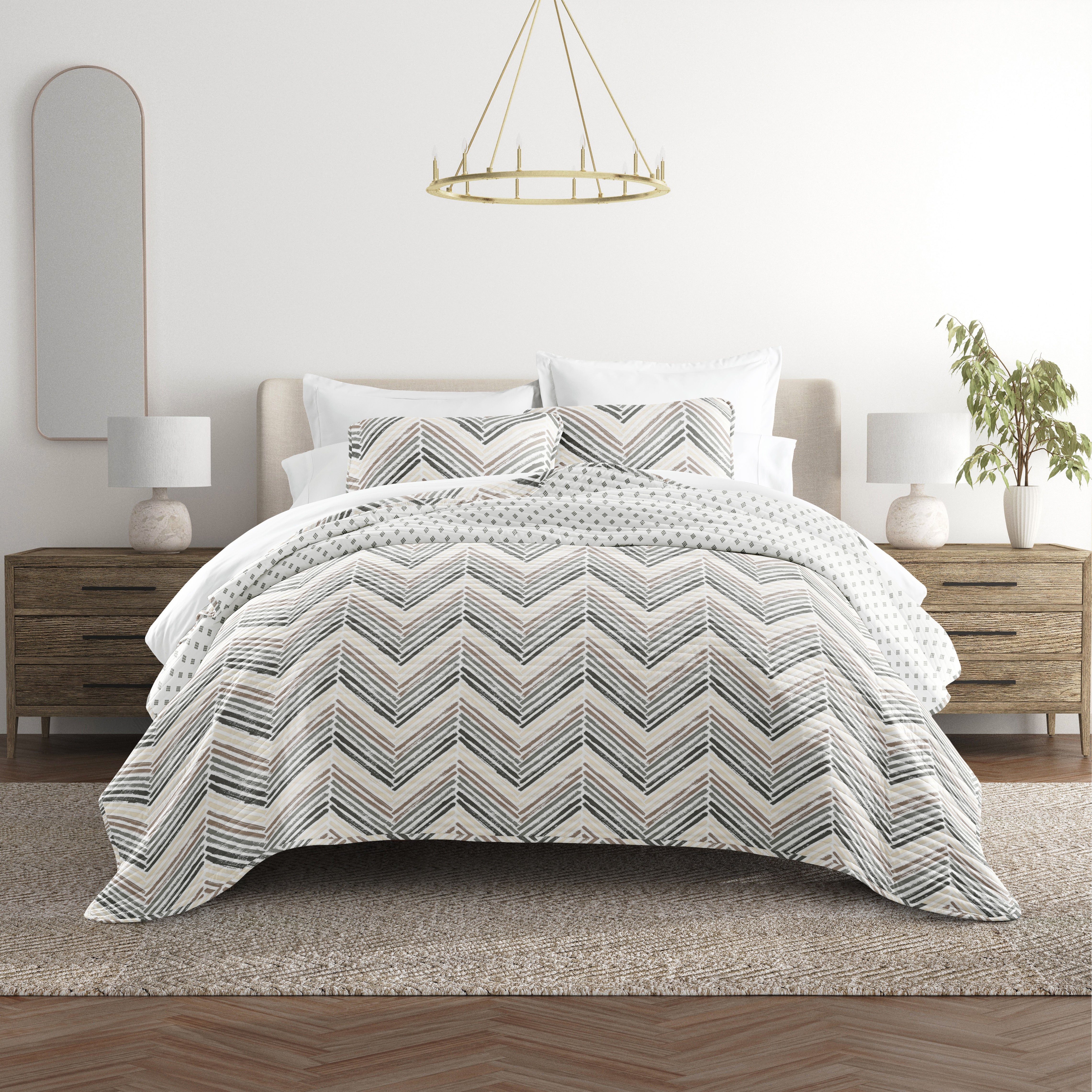 Painted Chevron Patterned Reversible Quilted Coverlet Set