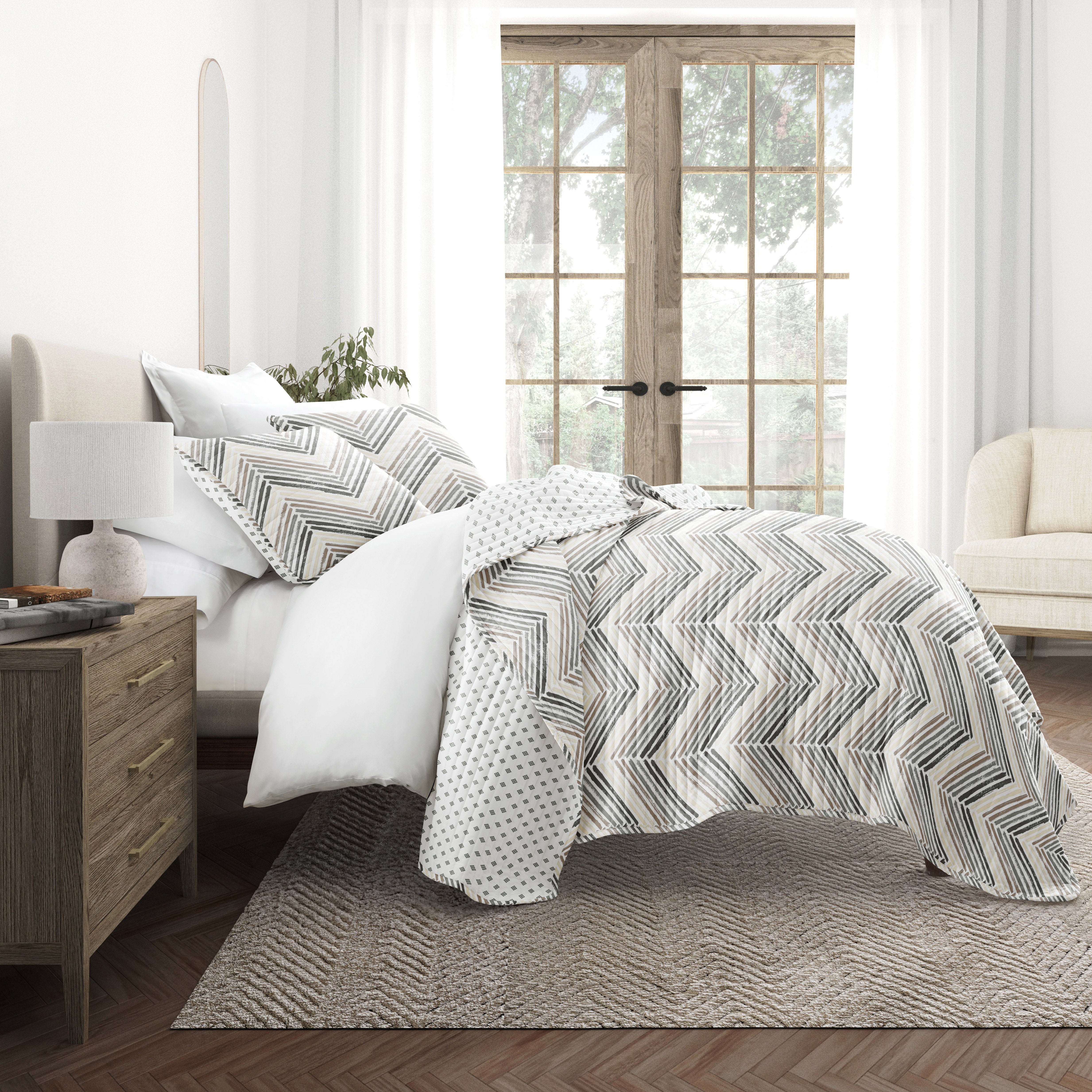 Painted Chevron Patterned Reversible Quilted Coverlet Set