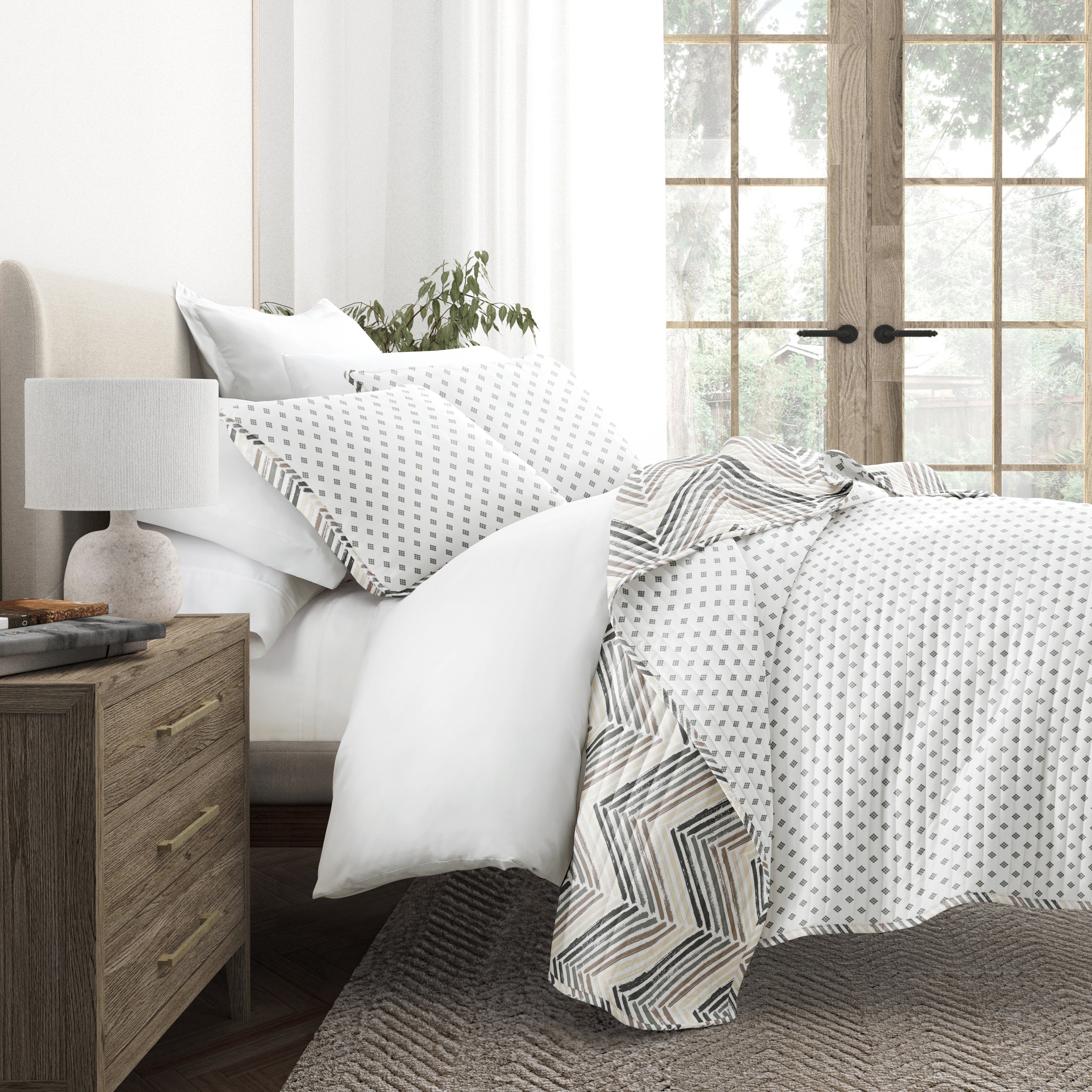 Painted Chevron Patterned Reversible Quilted Coverlet Set