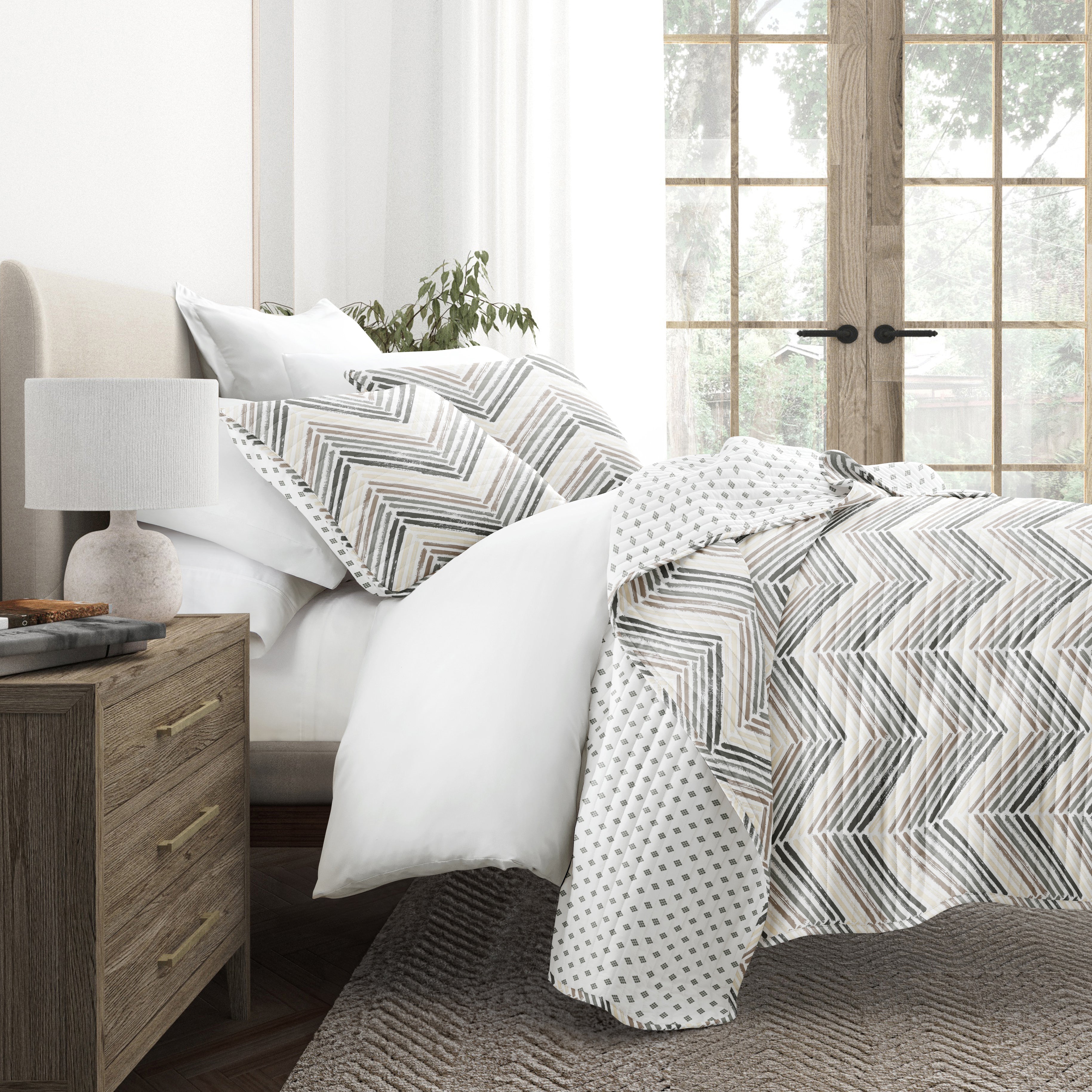 Painted Chevron Patterned Reversible Quilted Coverlet Set