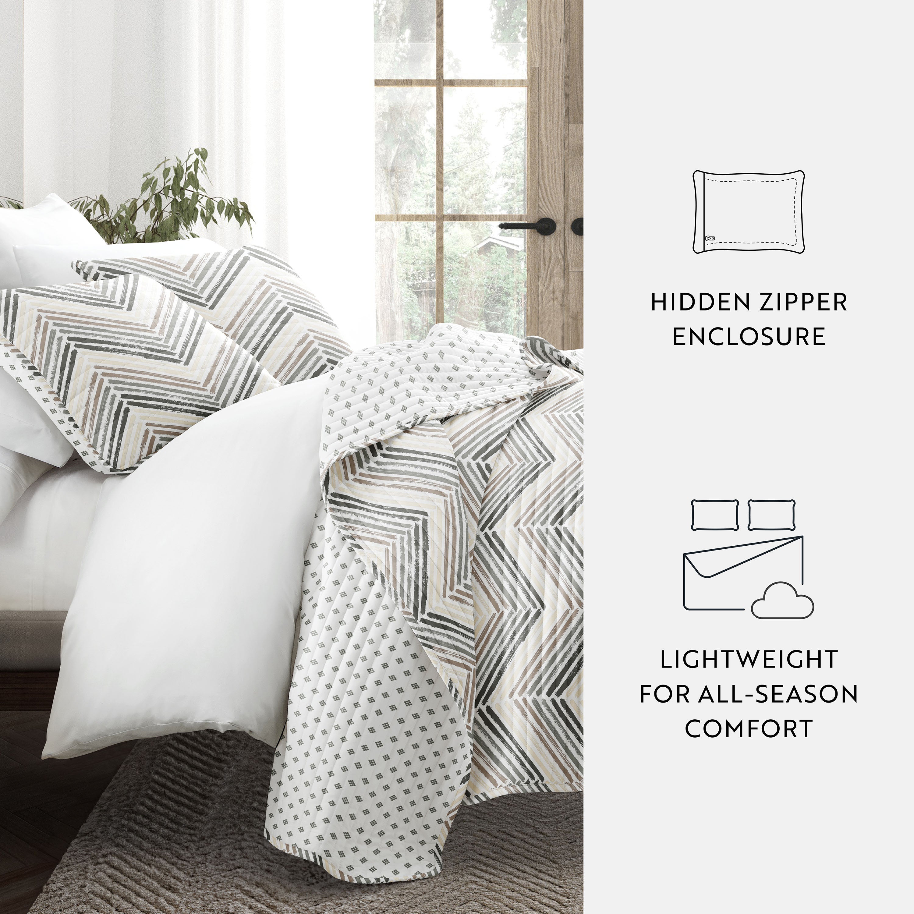 Painted Chevron Patterned Reversible Quilted Coverlet Set