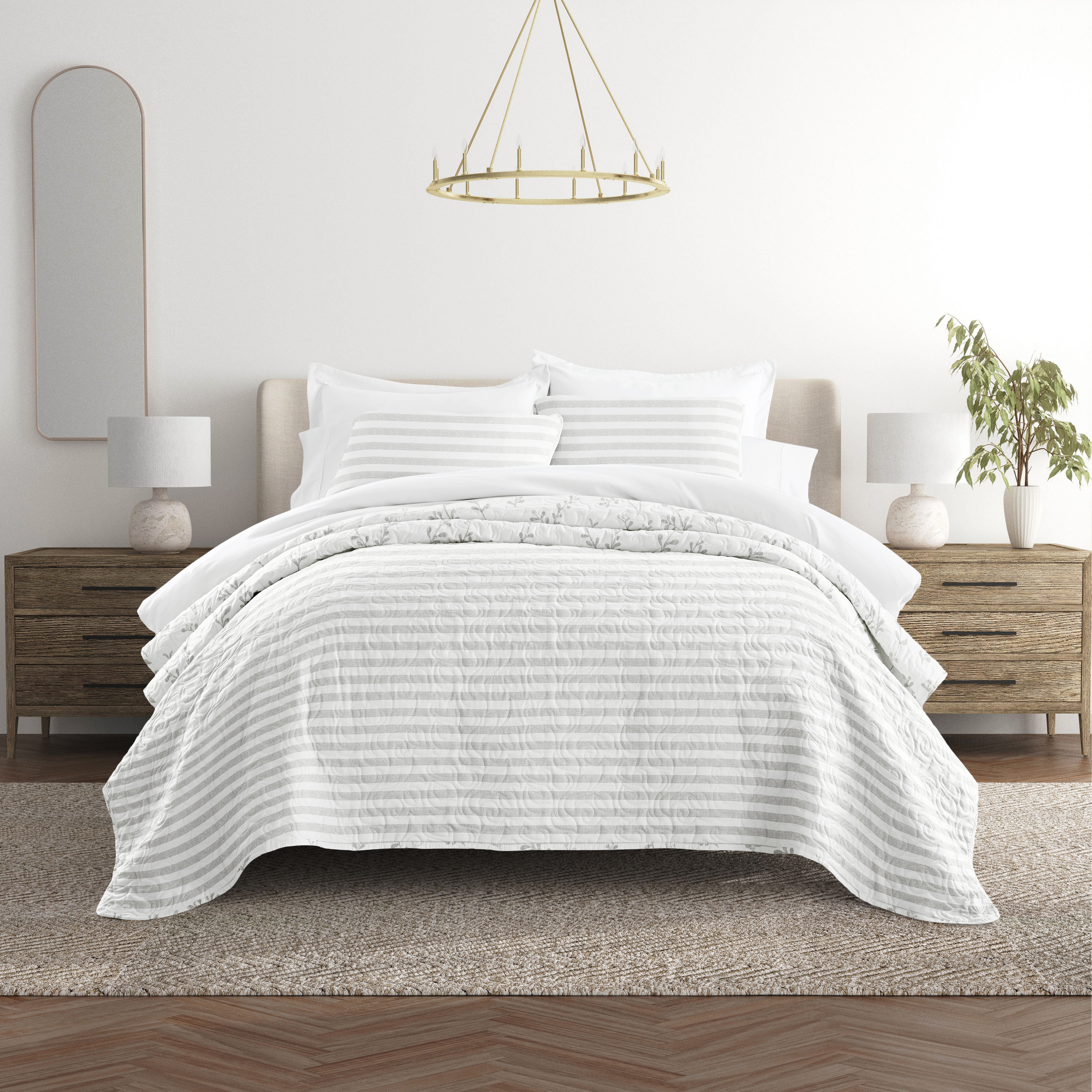 Sprouted Vines Patterned Reversible Quilted Coverlet Set