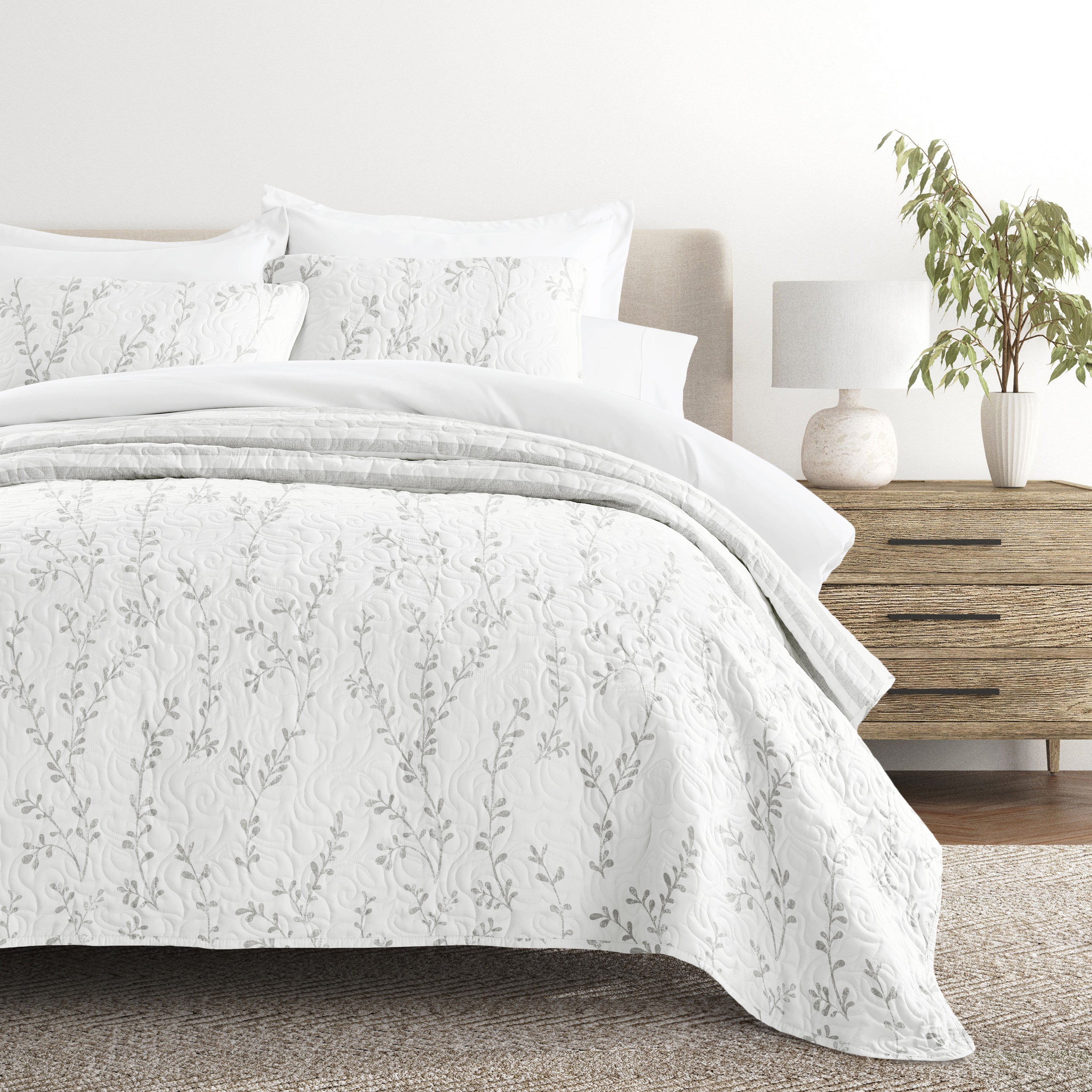 Sprouted Vines Patterned Reversible Quilted Coverlet Set