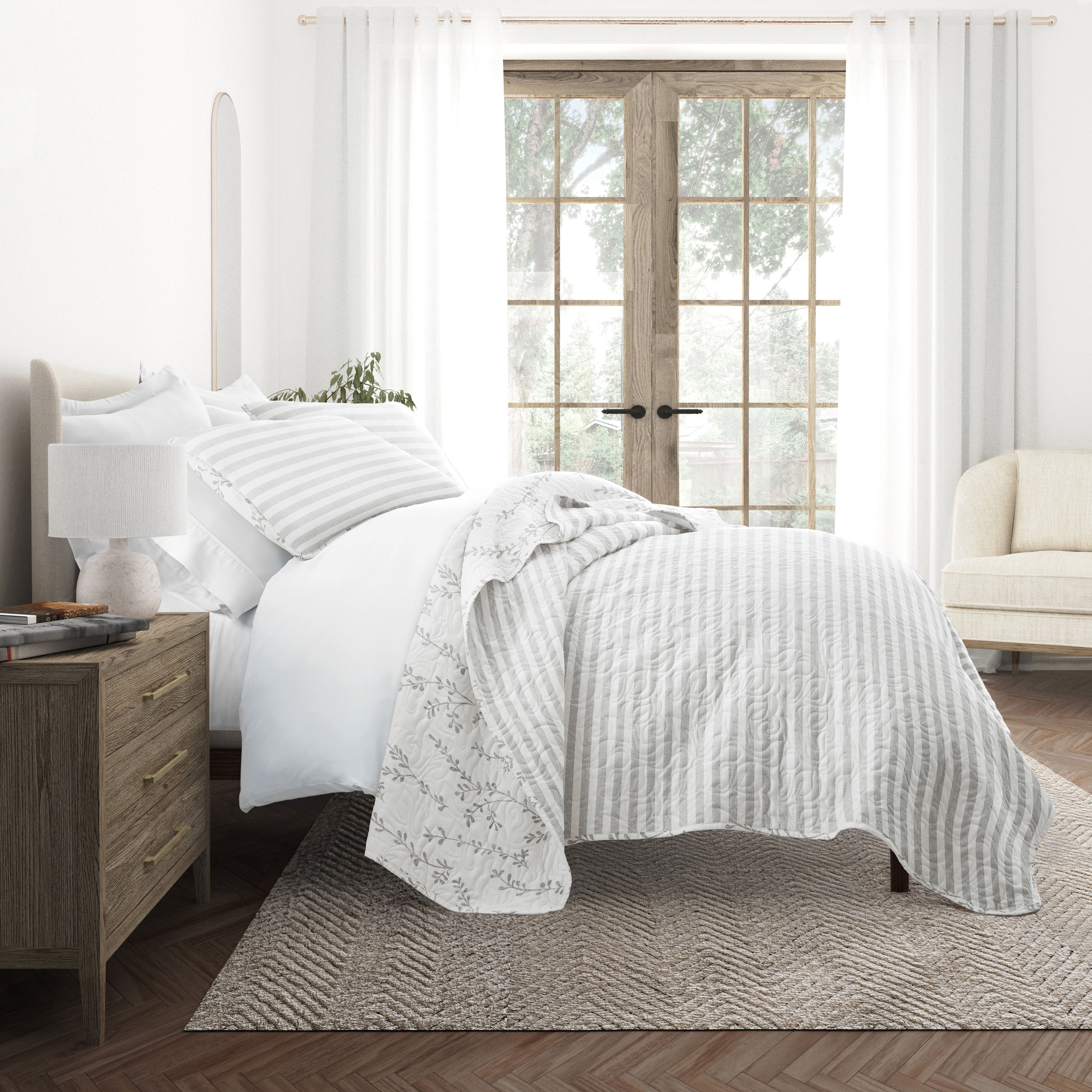 Sprouted Vines Patterned Reversible Quilted Coverlet Set