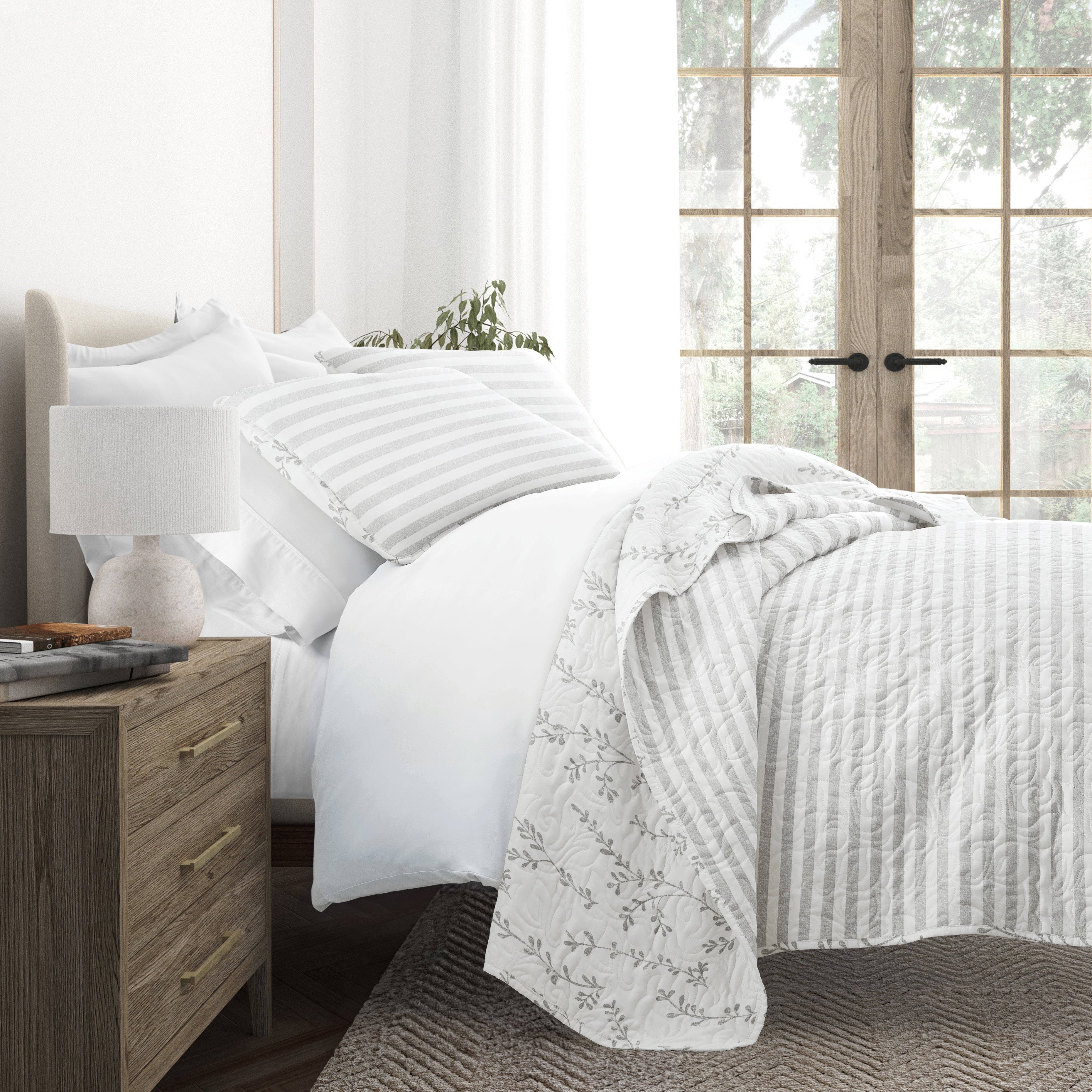 Sprouted Vines Patterned Reversible Quilted Coverlet Set