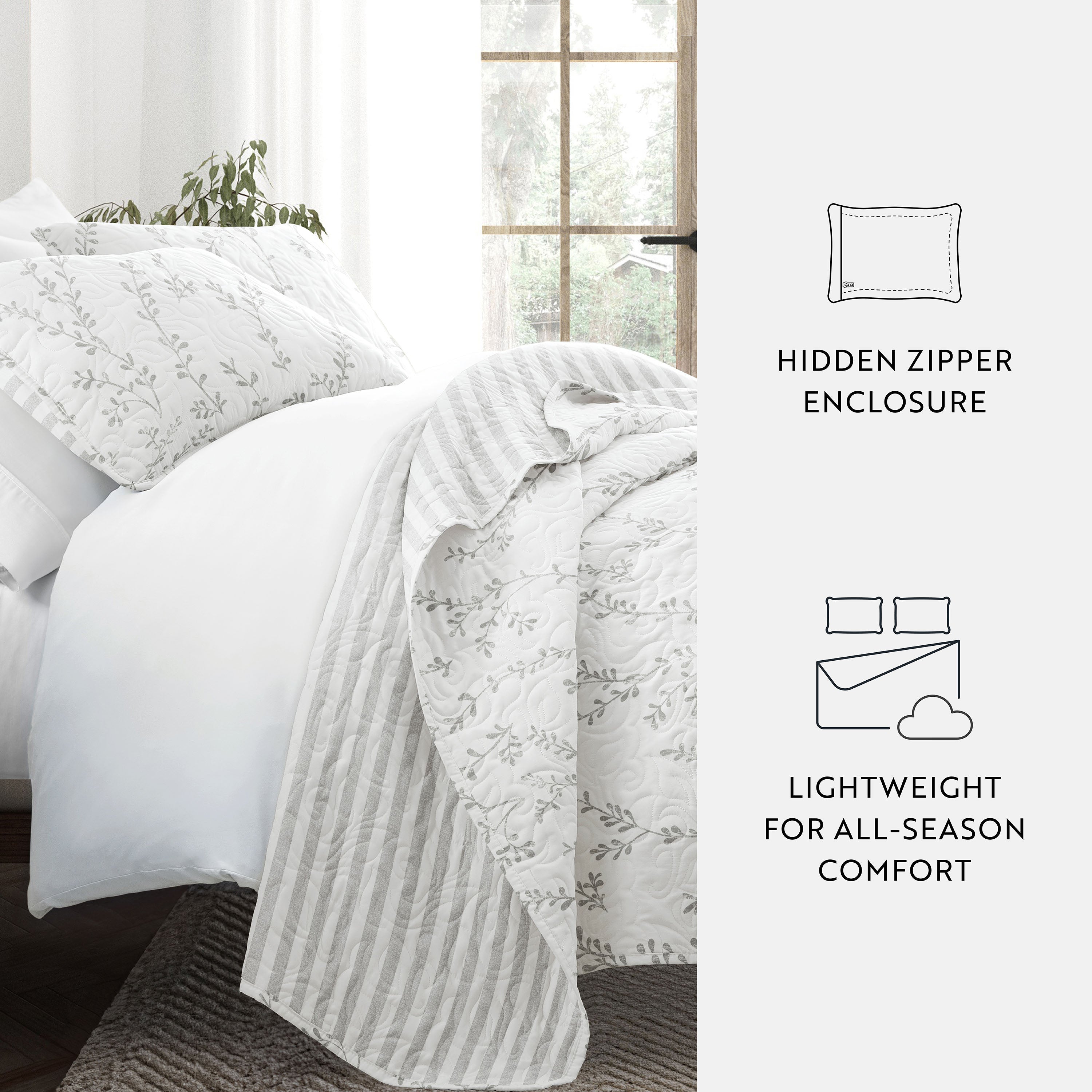 Sprouted Vines Patterned Reversible Quilted Coverlet Set