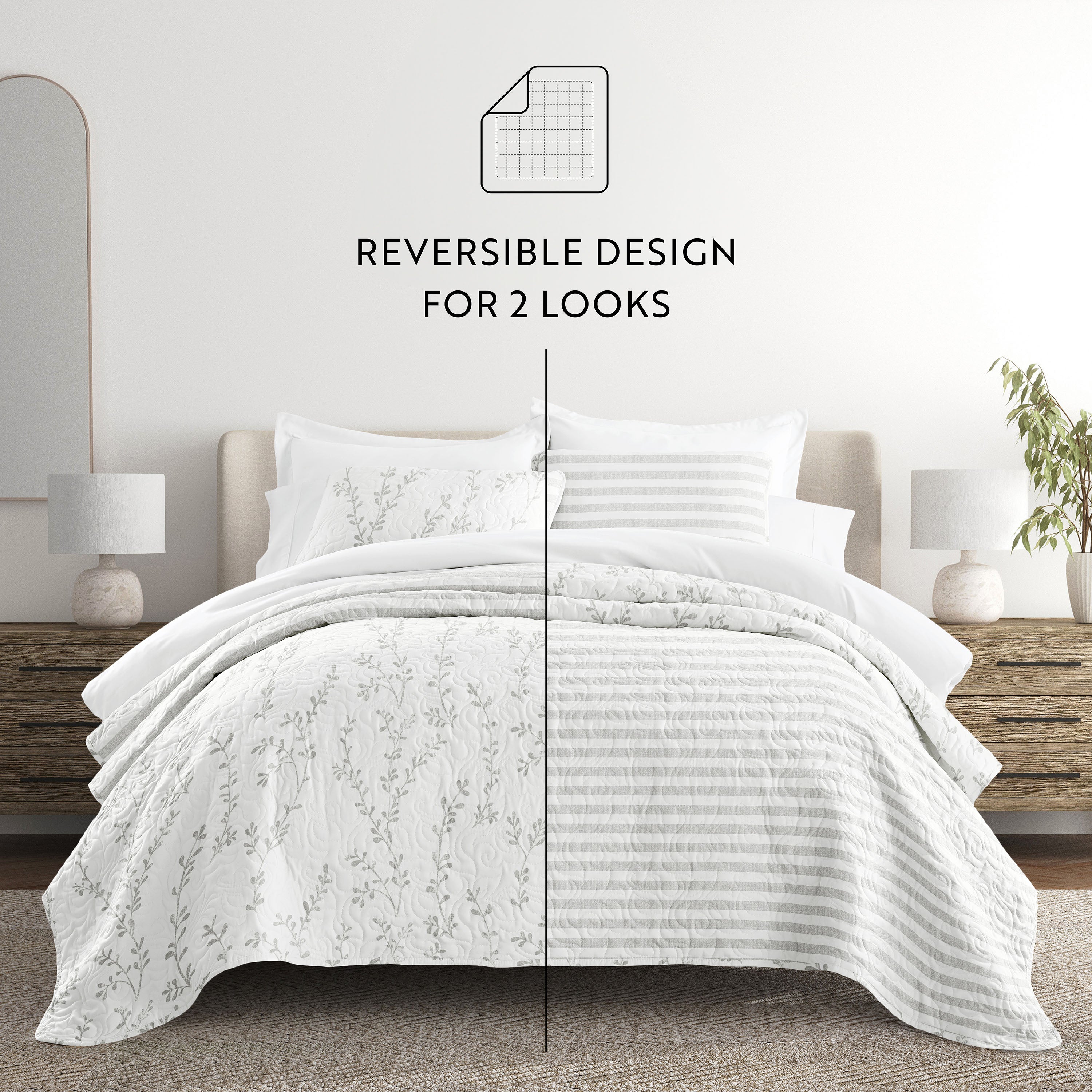 Sprouted Vines Patterned Reversible Quilted Coverlet Set
