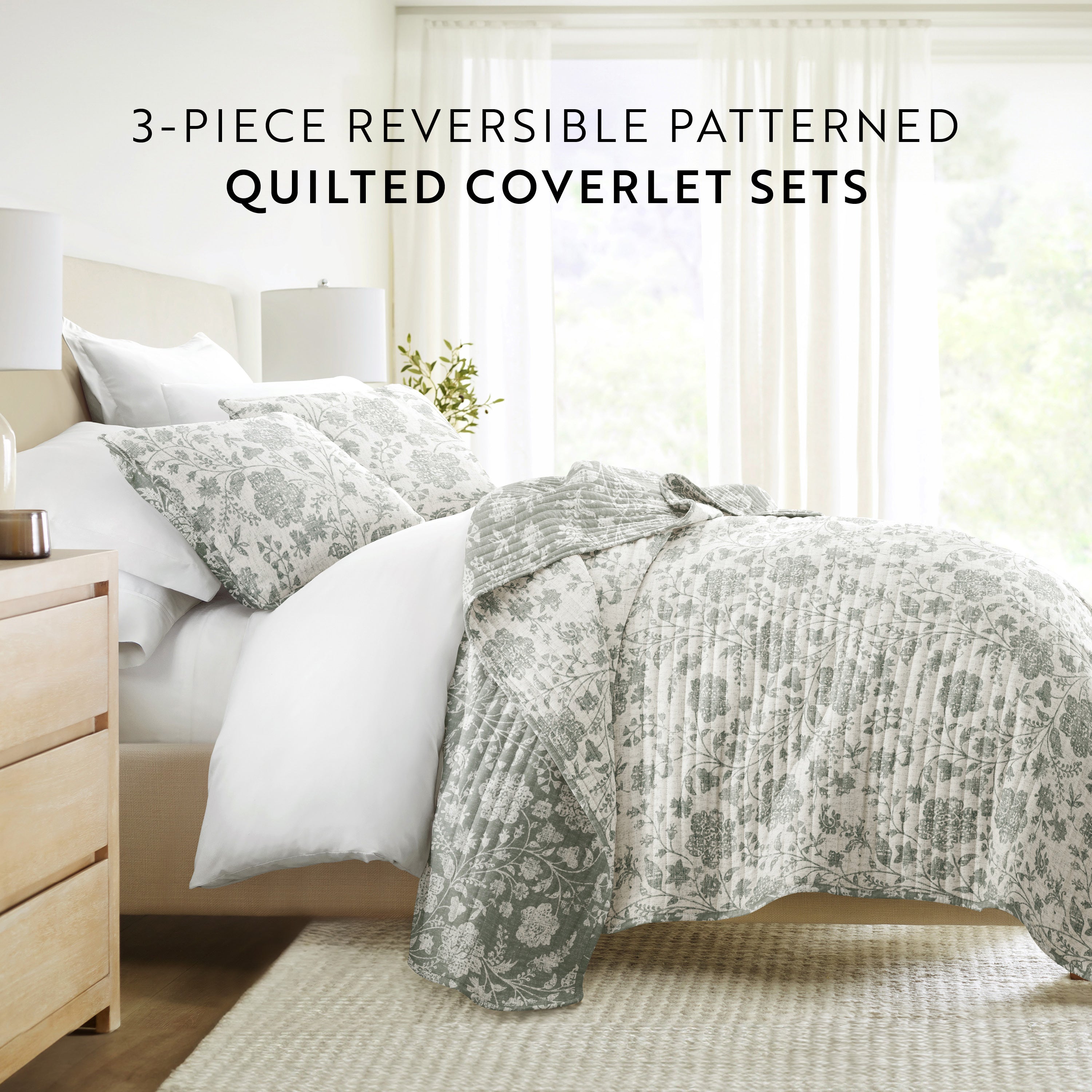 Textured Floral Patterned Quilted Coverlet Set