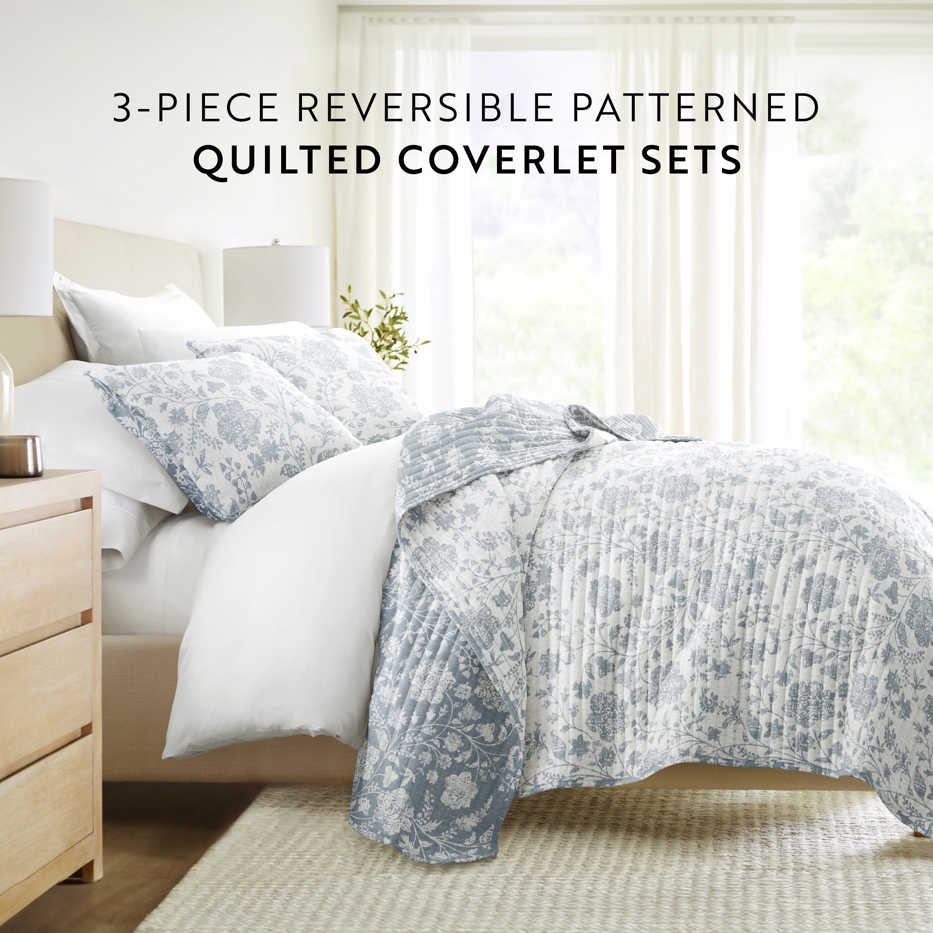 Textured Floral Patterned Quilted Coverlet Set