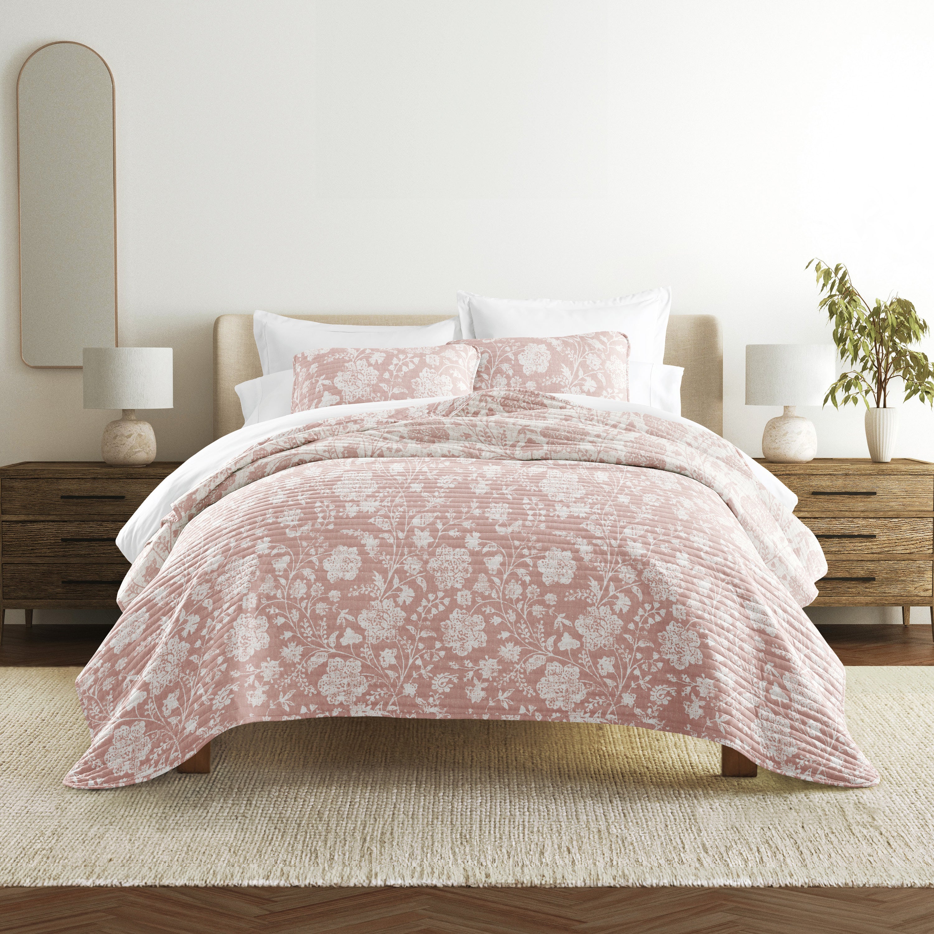 Textured Floral Patterned Quilted Coverlet Set