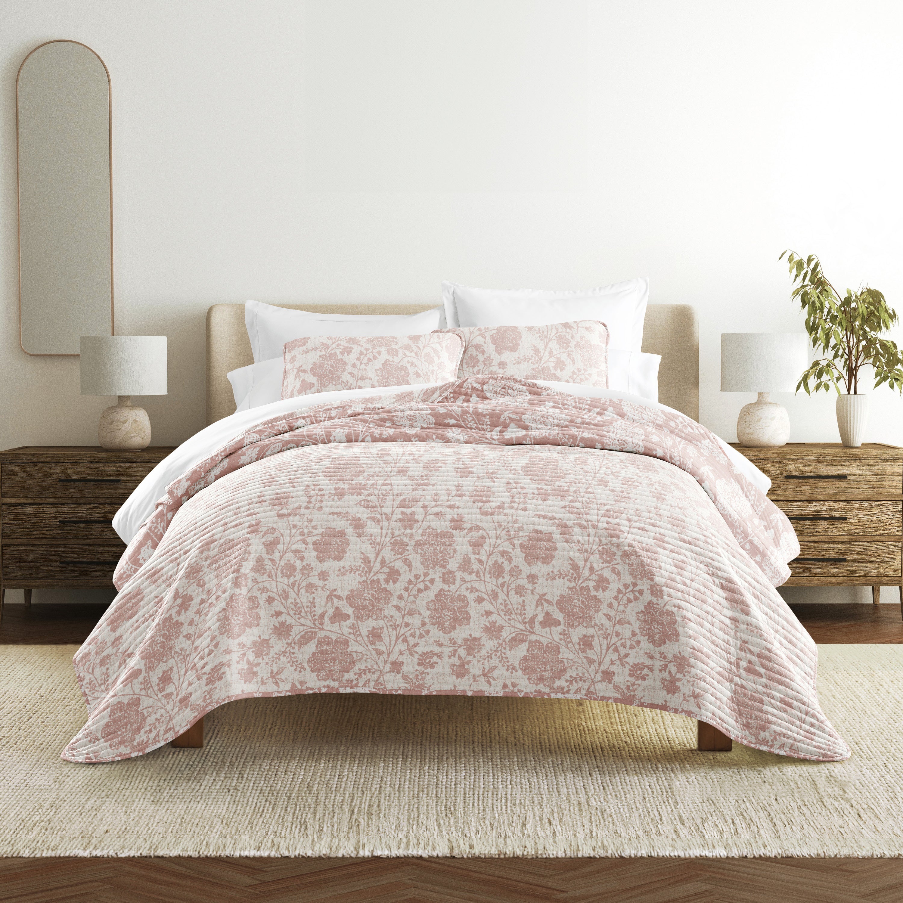 Textured Floral Patterned Quilted Coverlet Set