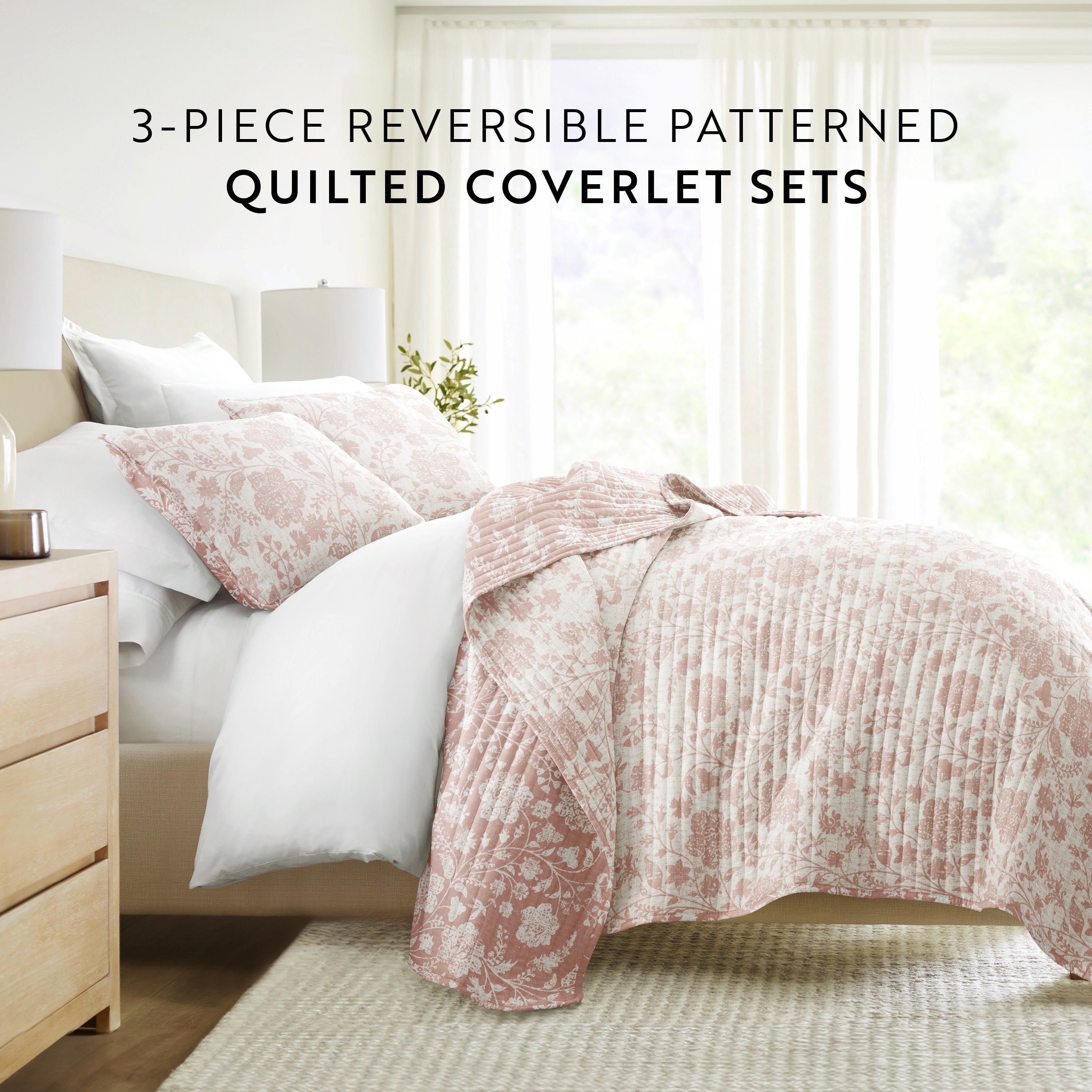 Textured Floral Patterned Quilted Coverlet Set