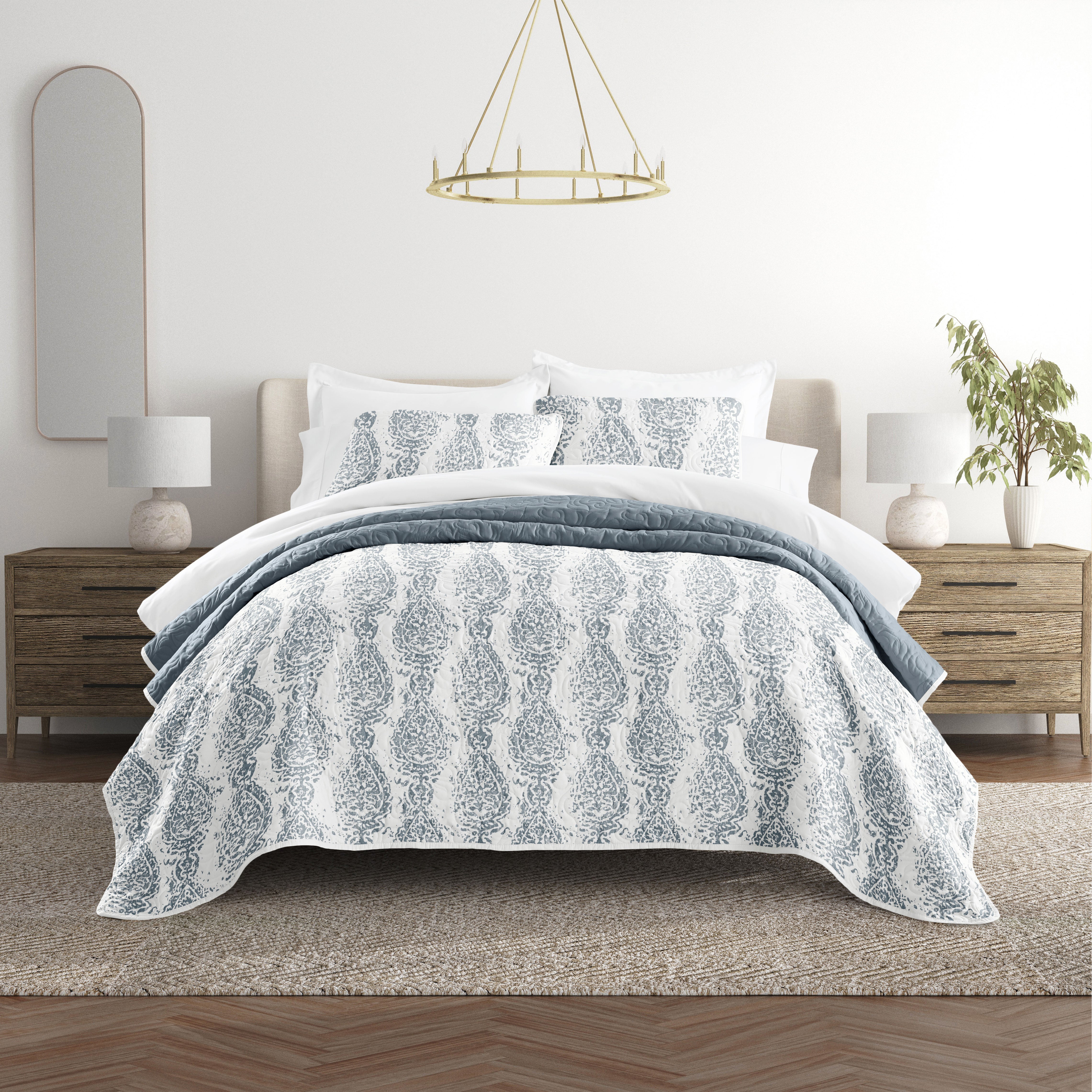 Classic Damask Patterned Reversible Quilted Coverlet Set