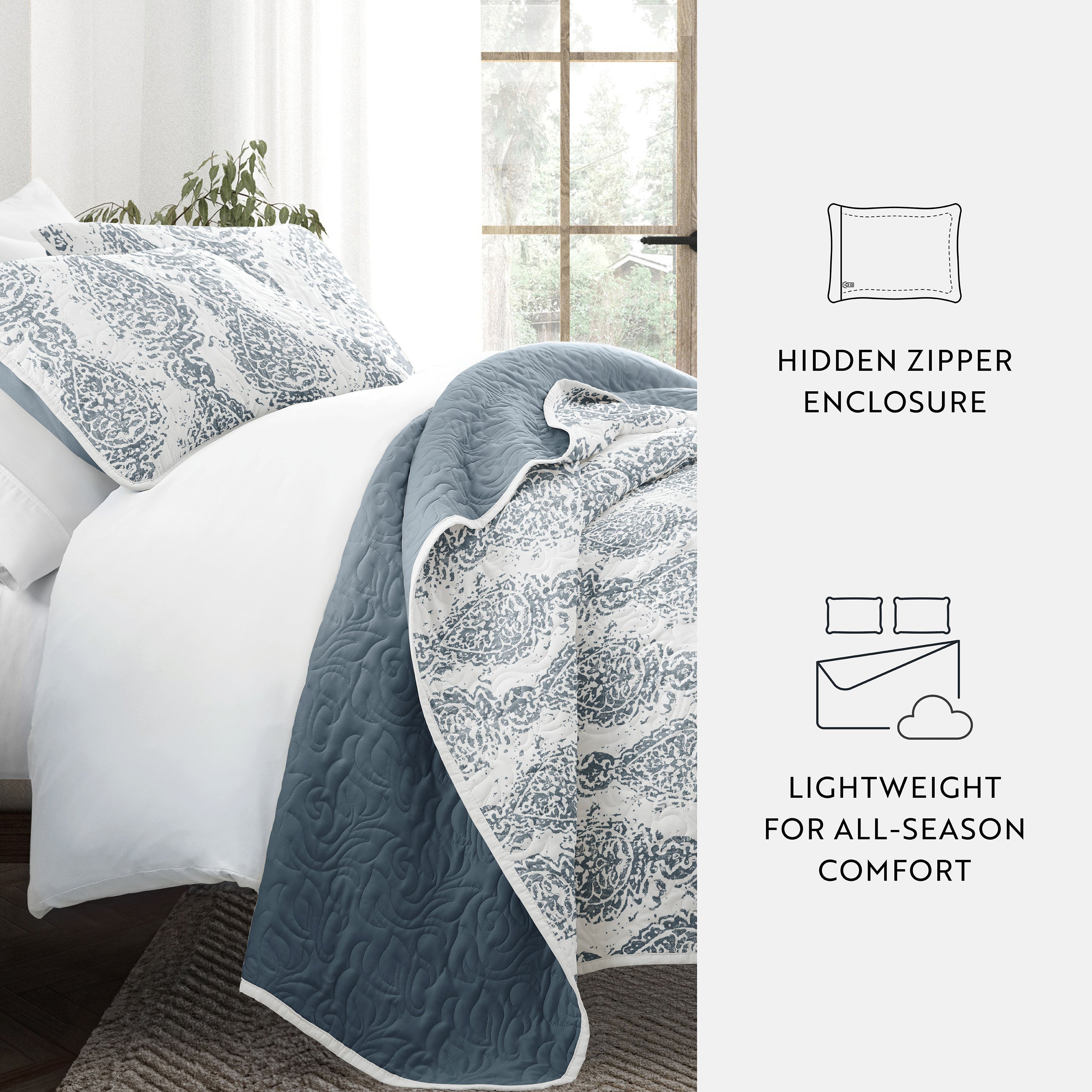 Classic Damask Patterned Reversible Quilted Coverlet Set