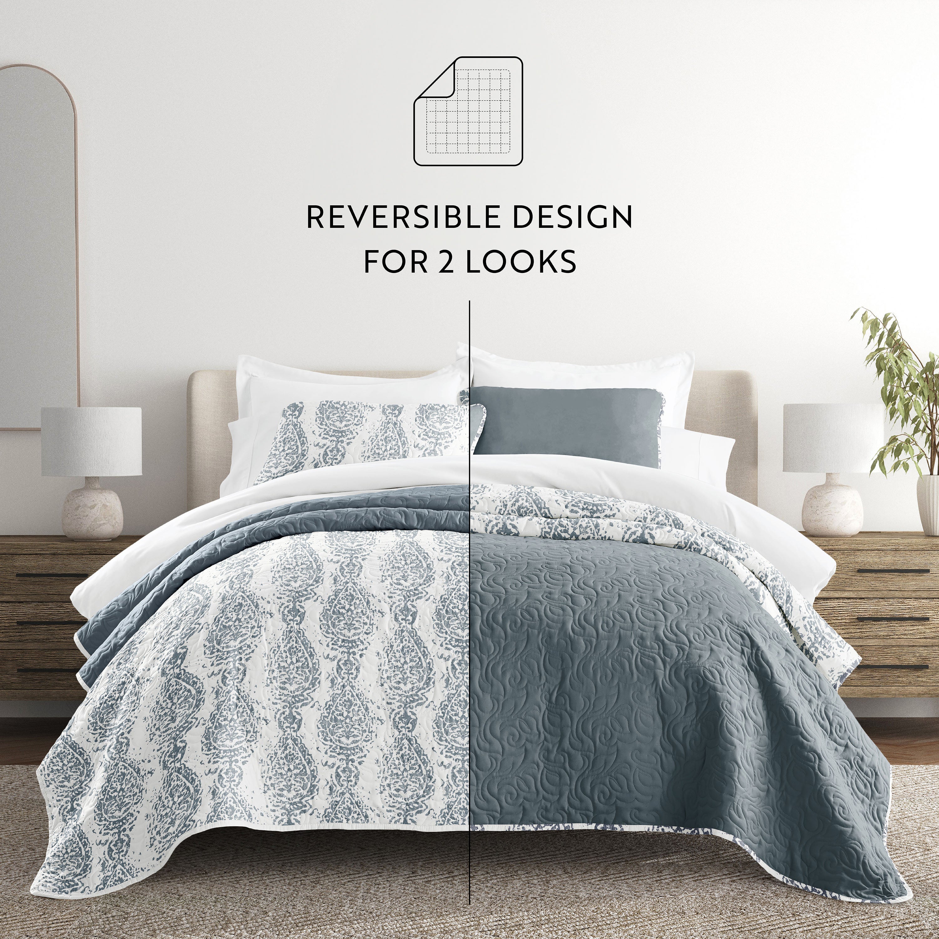 Classic Damask Patterned Reversible Quilted Coverlet Set