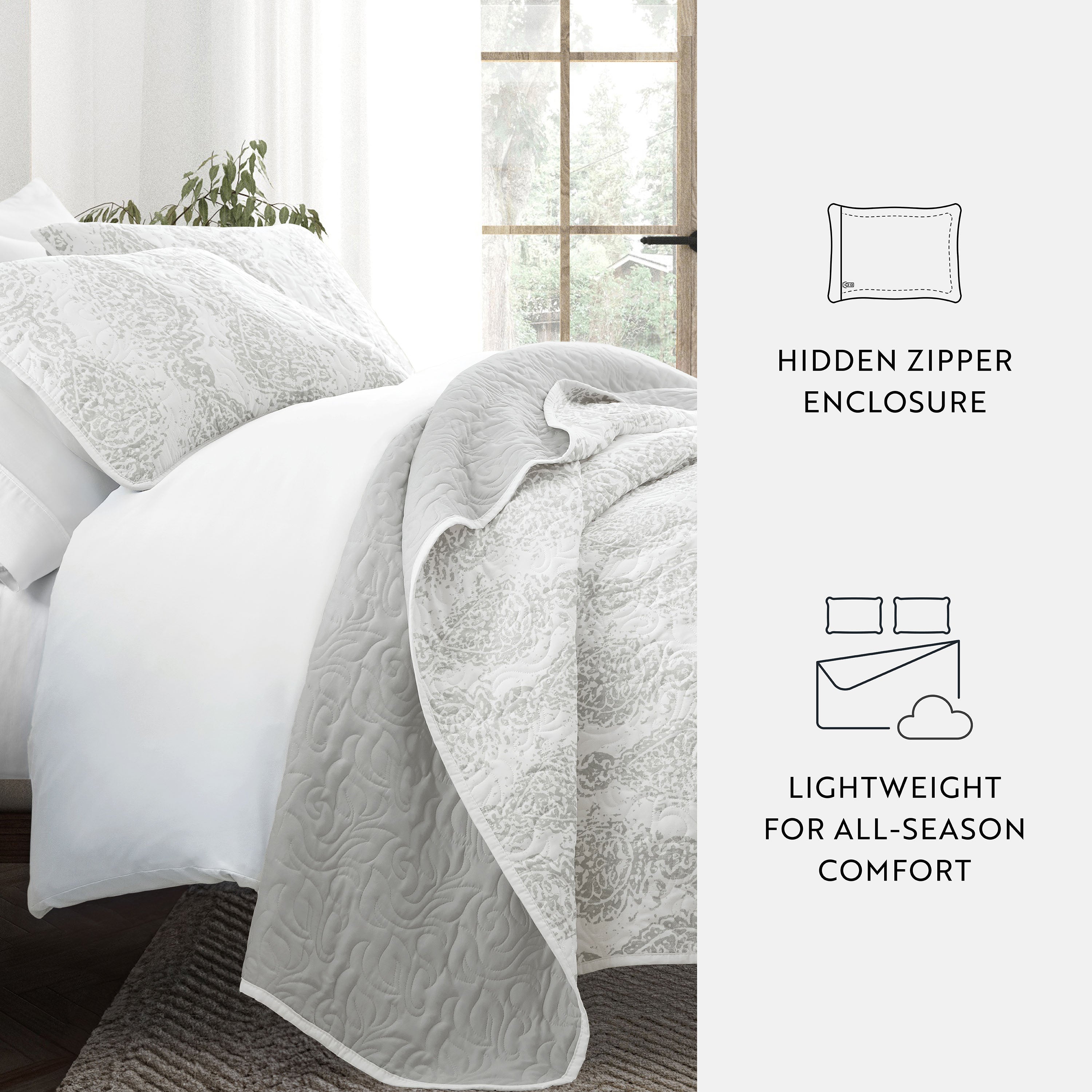 Classic Damask Patterned Reversible Quilted Coverlet Set