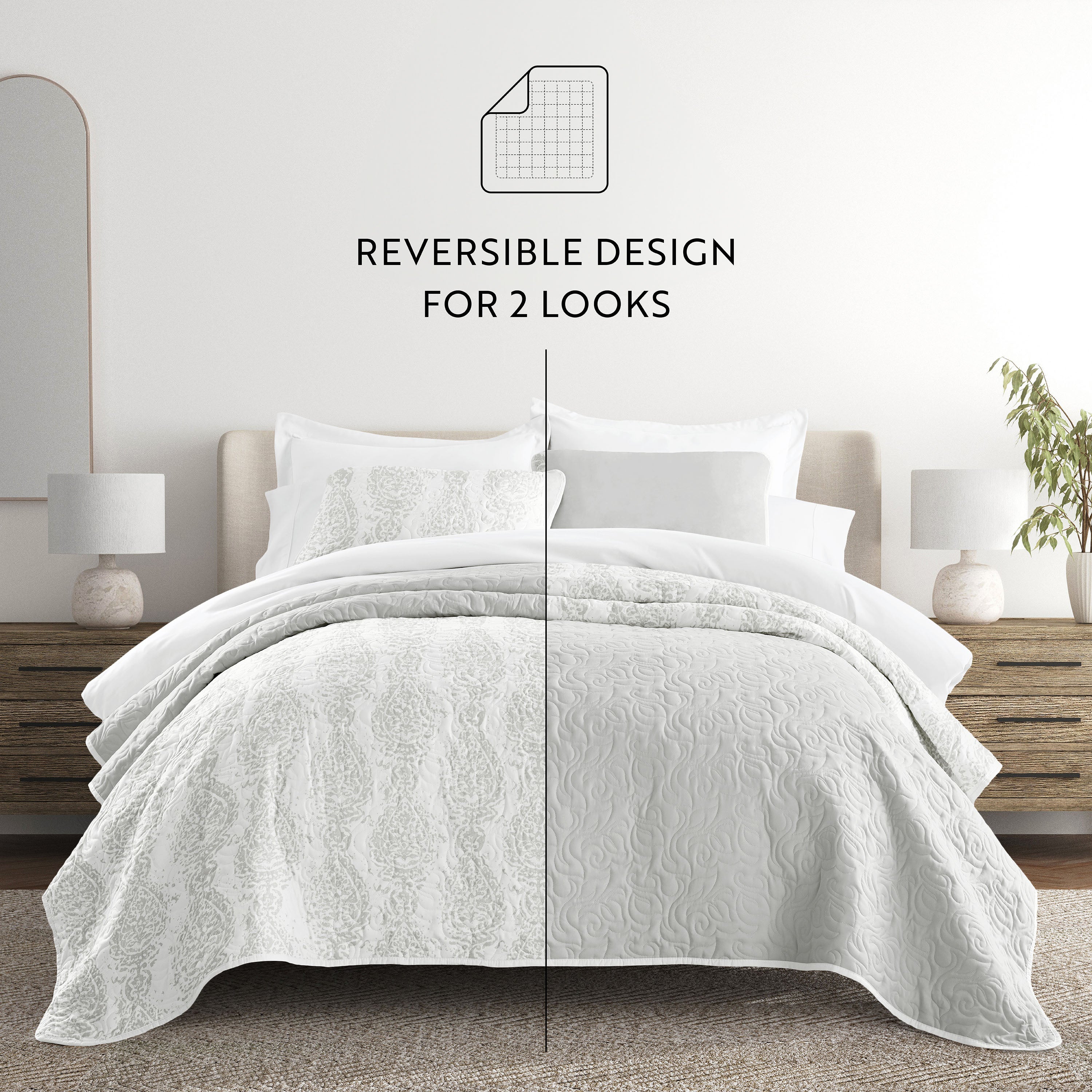 Classic Damask Patterned Reversible Quilted Coverlet Set