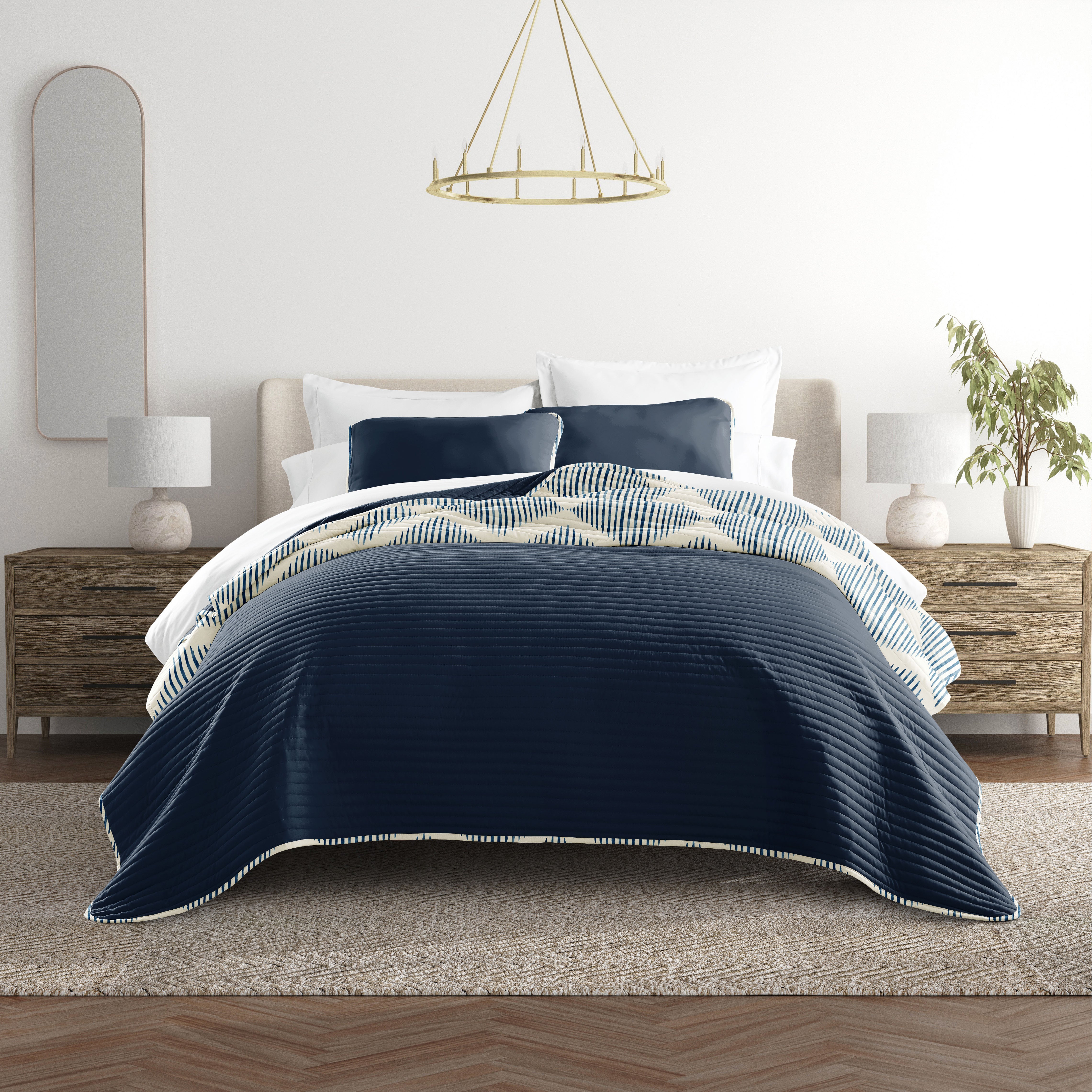 Distressed Diamond Patterned Reversible Quilted Coverlet Set