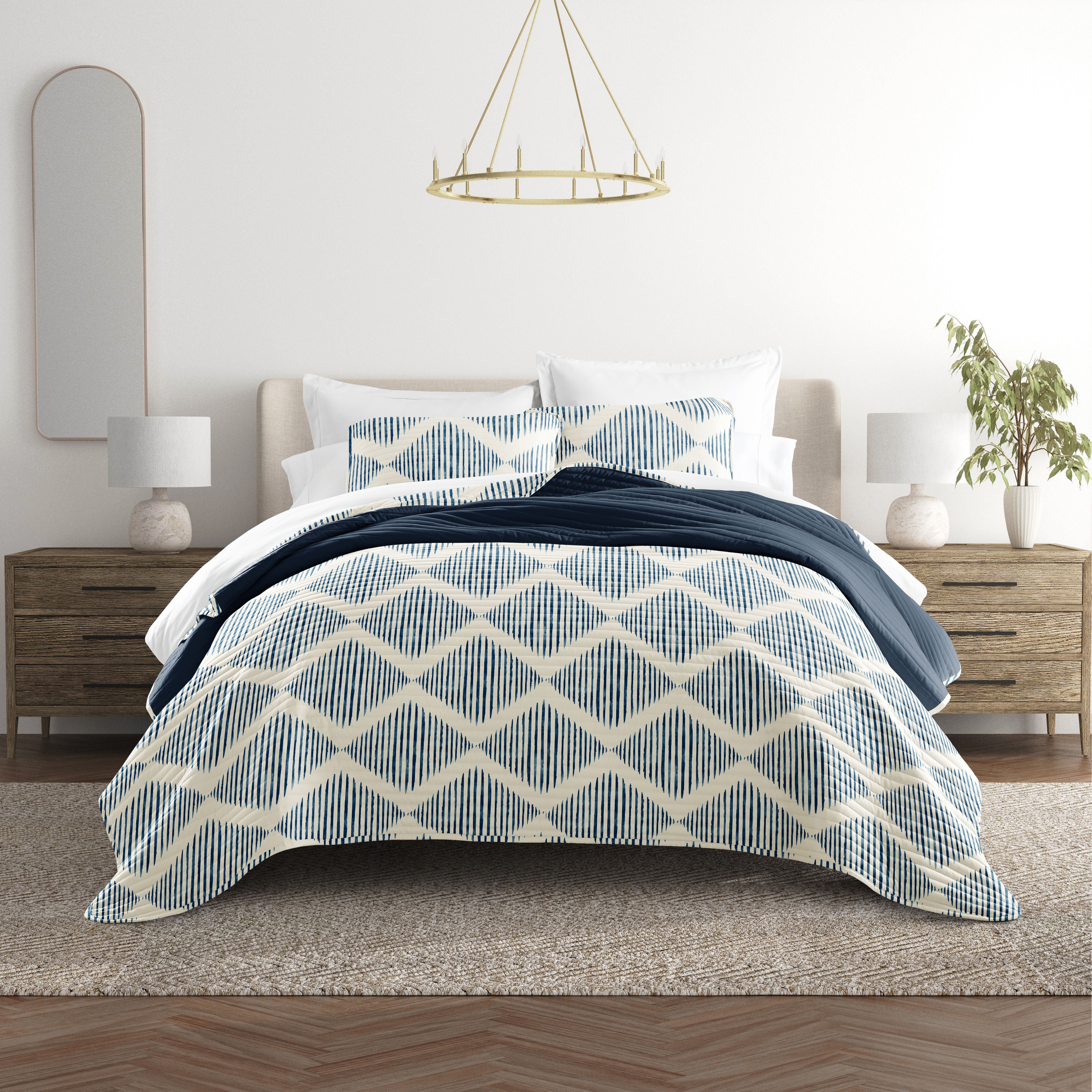 Distressed Diamond Patterned Reversible Quilted Coverlet Set