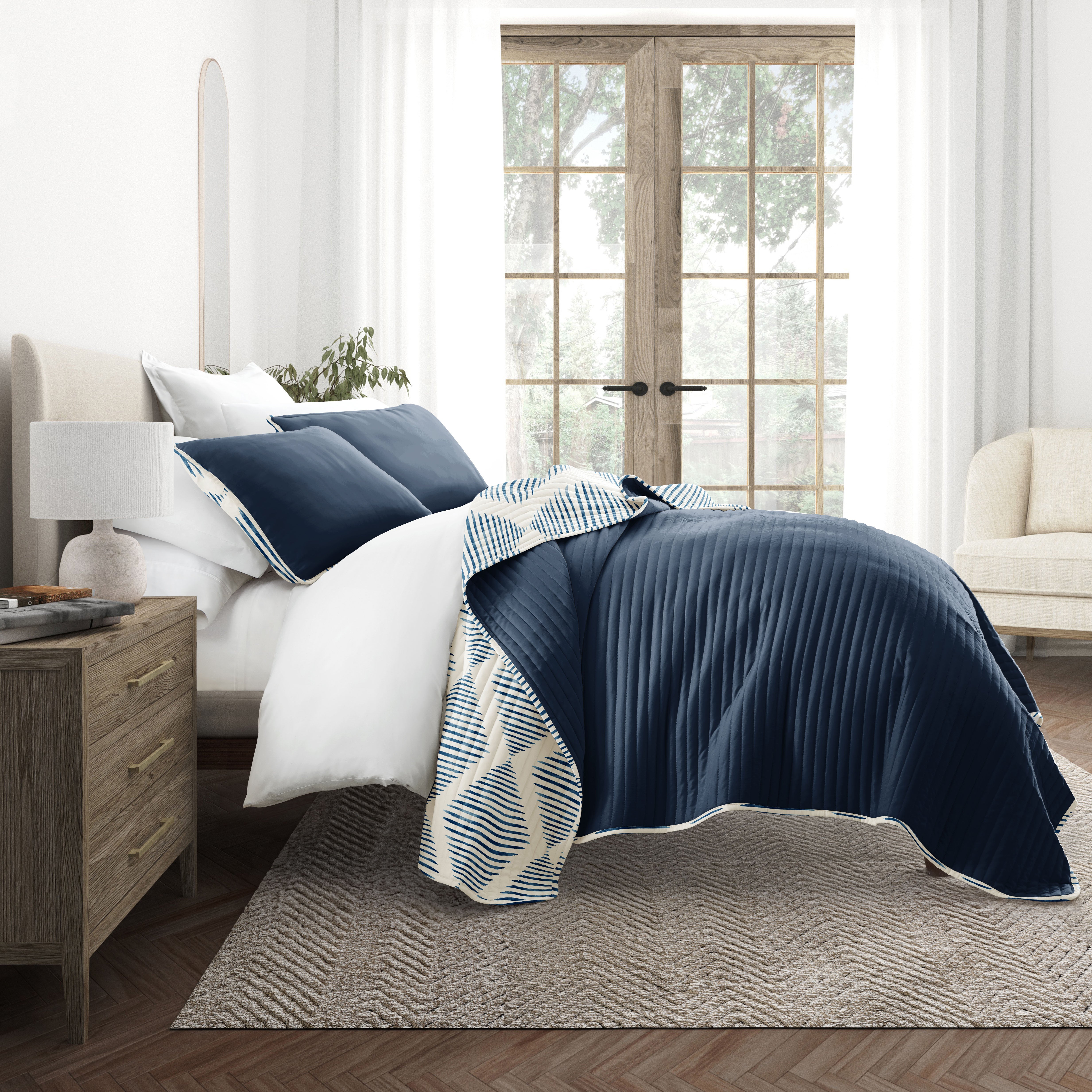 Distressed Diamond Patterned Reversible Quilted Coverlet Set