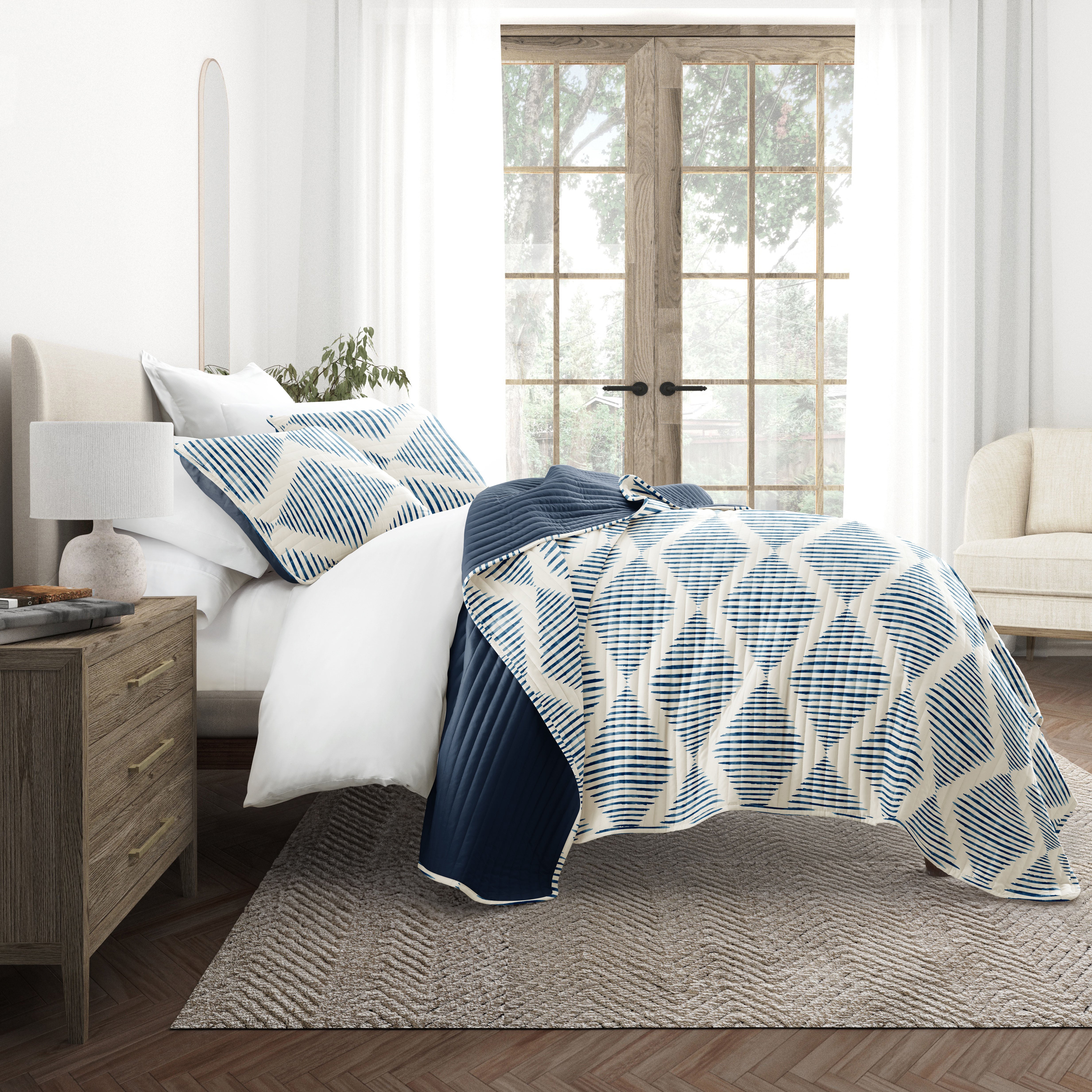 Distressed Diamond Patterned Reversible Quilted Coverlet Set