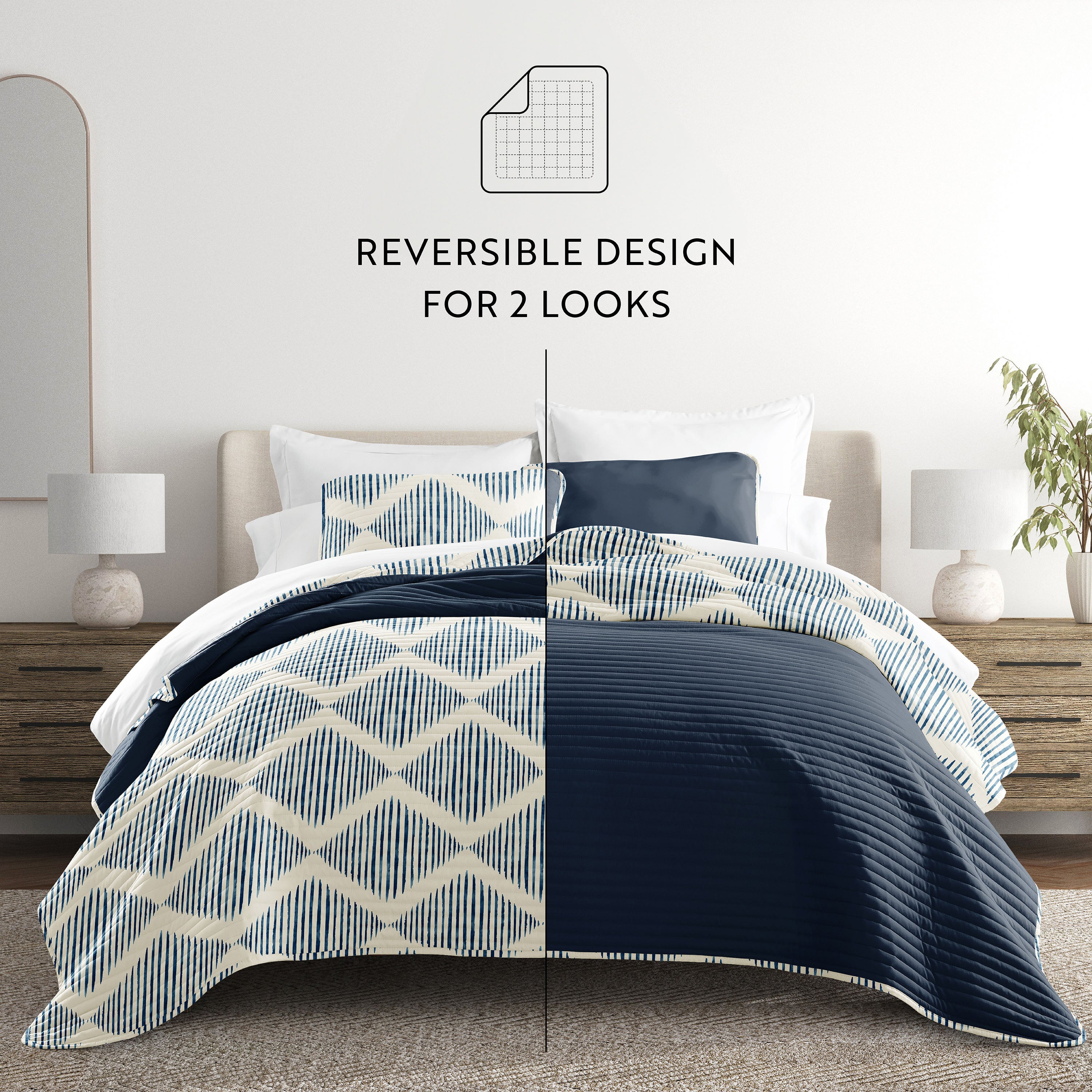 Distressed Diamond Patterned Reversible Quilted Coverlet Set