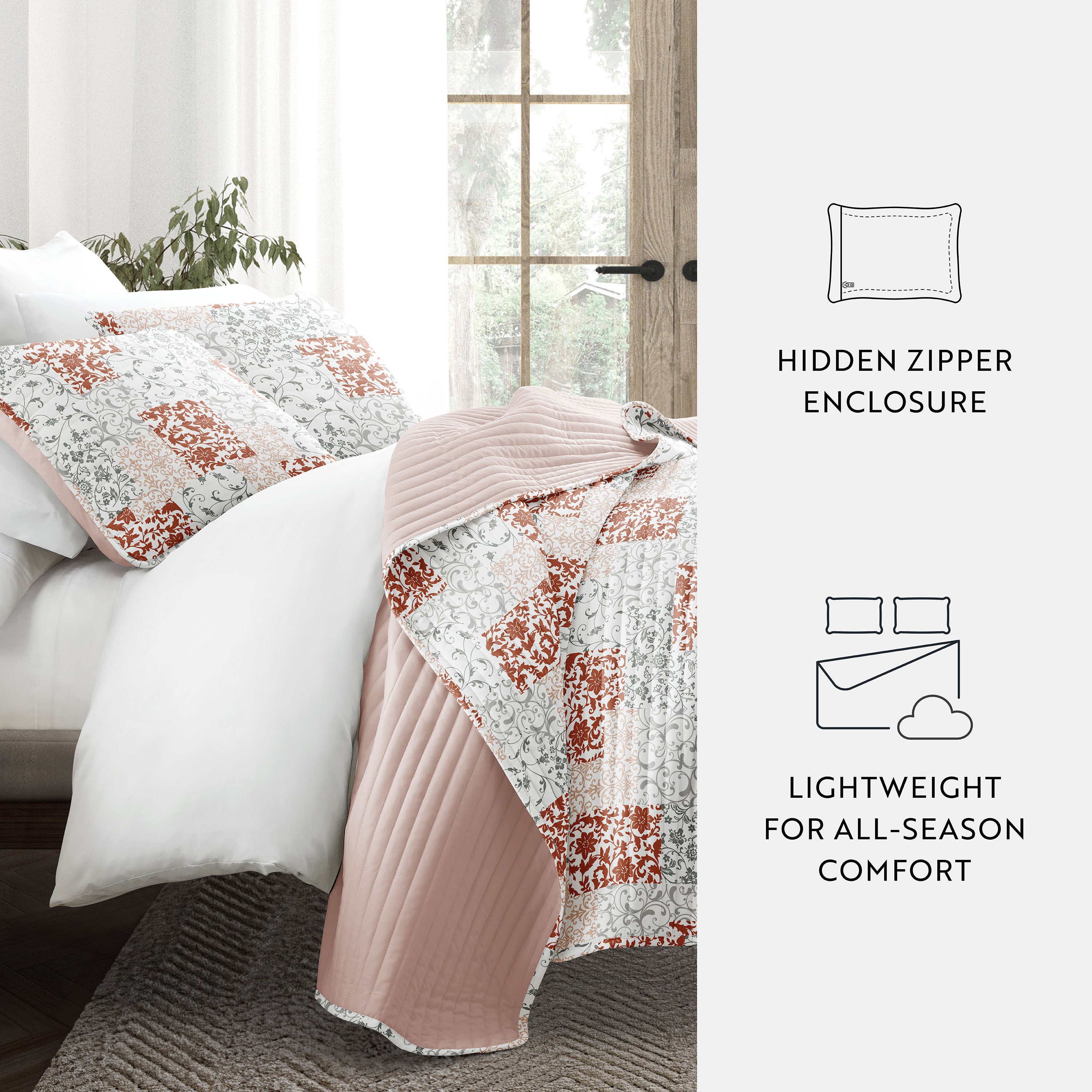 Patchwork Patterned Reversible Quilted Coverlet Set