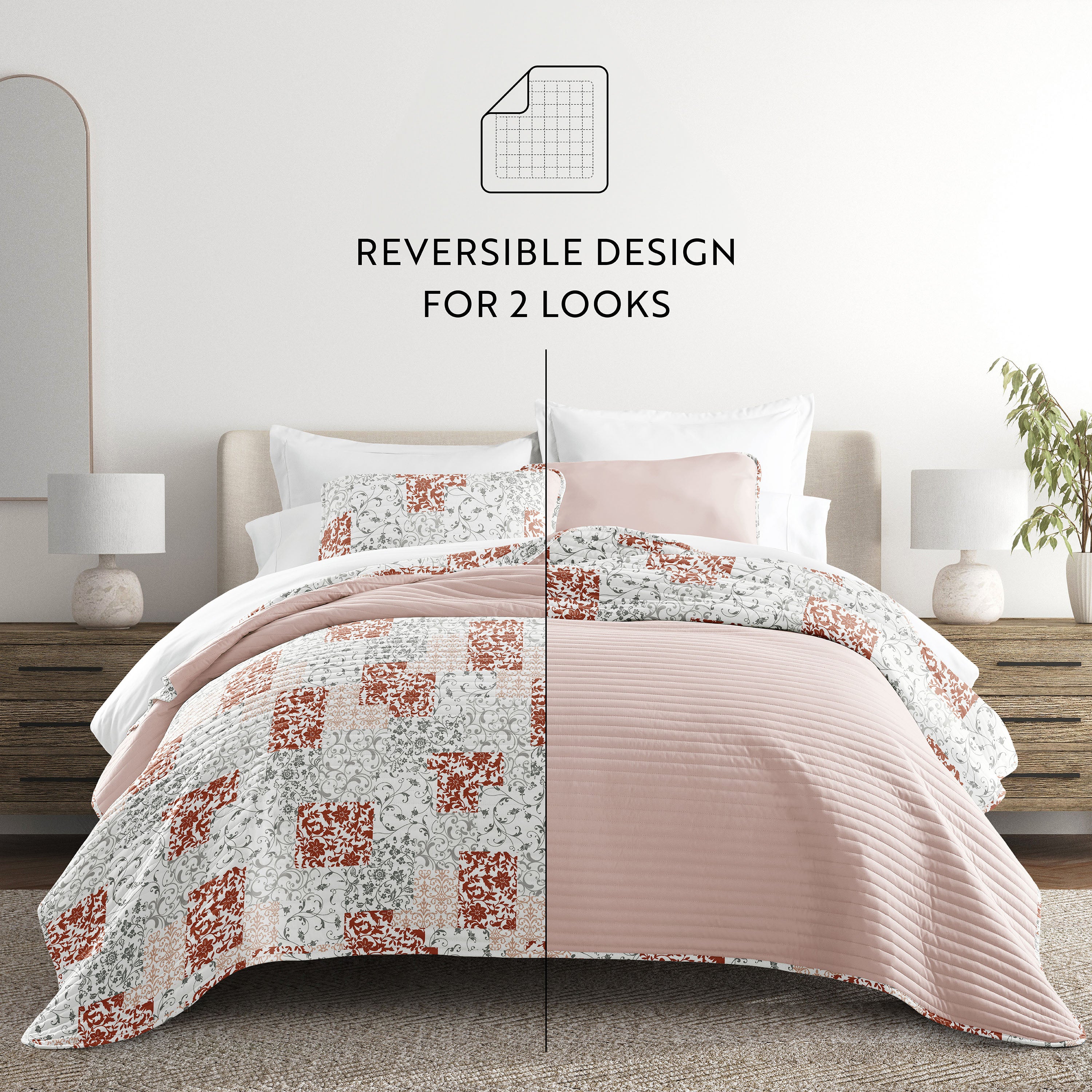 Patchwork Patterned Reversible Quilted Coverlet Set