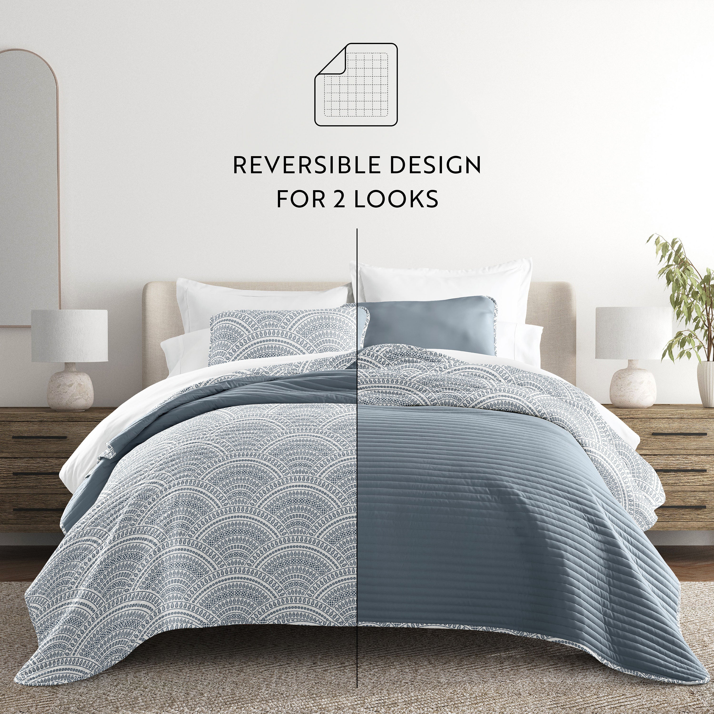 Scalloped Patterned Reversible Quilted Coverlet Set