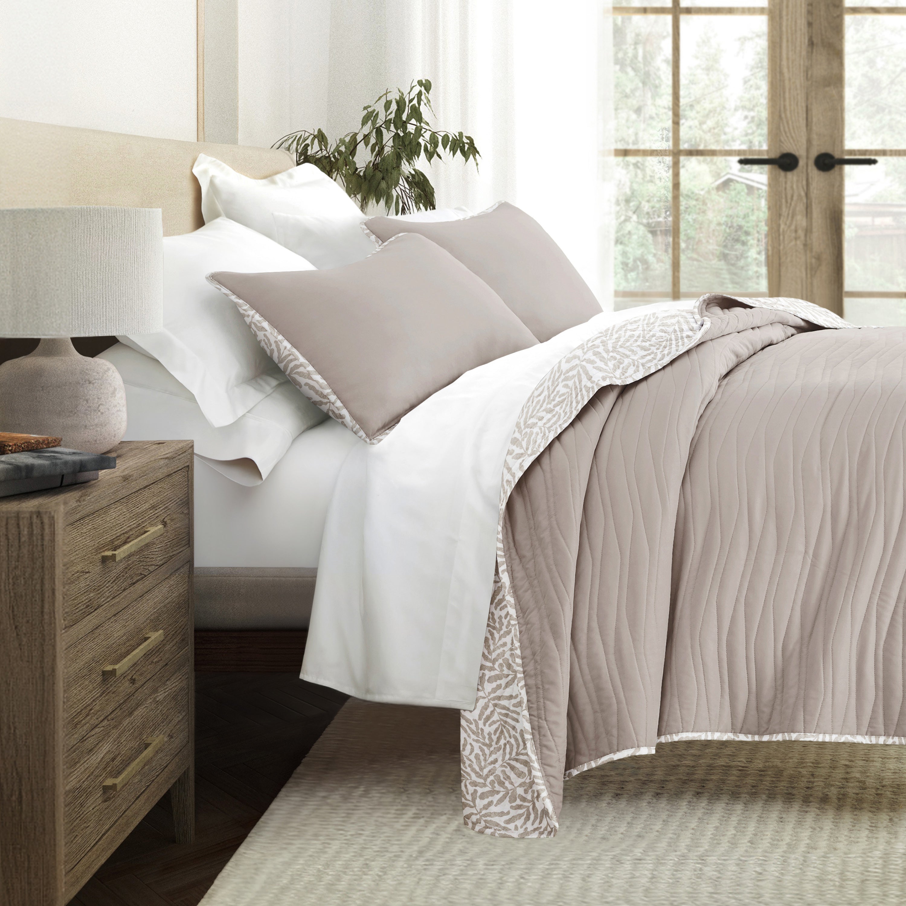 Tossed Ferns Patterned Quilted Coverlet Set