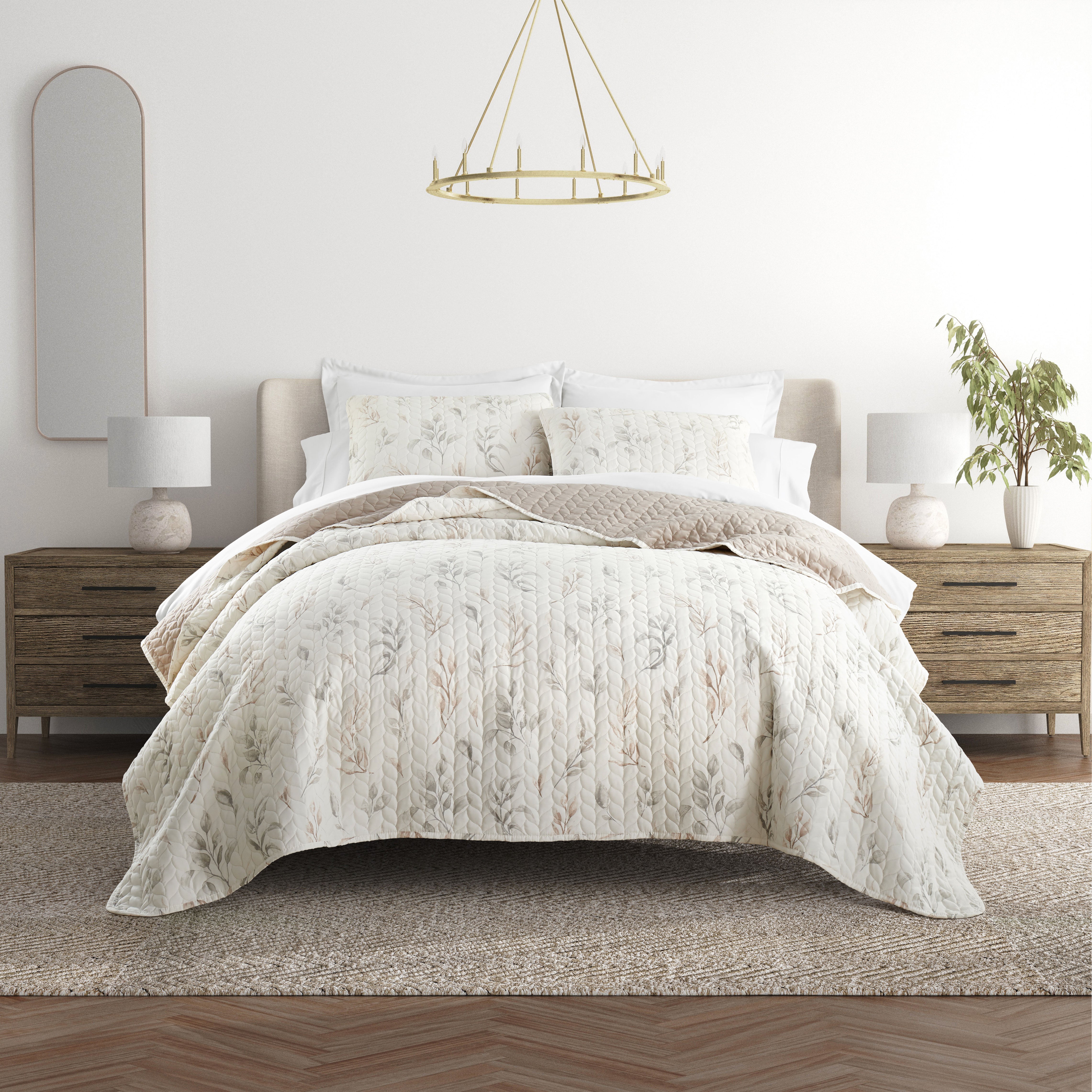 Watercolor Leaves Patterned Reversible Quilted Coverlet Set