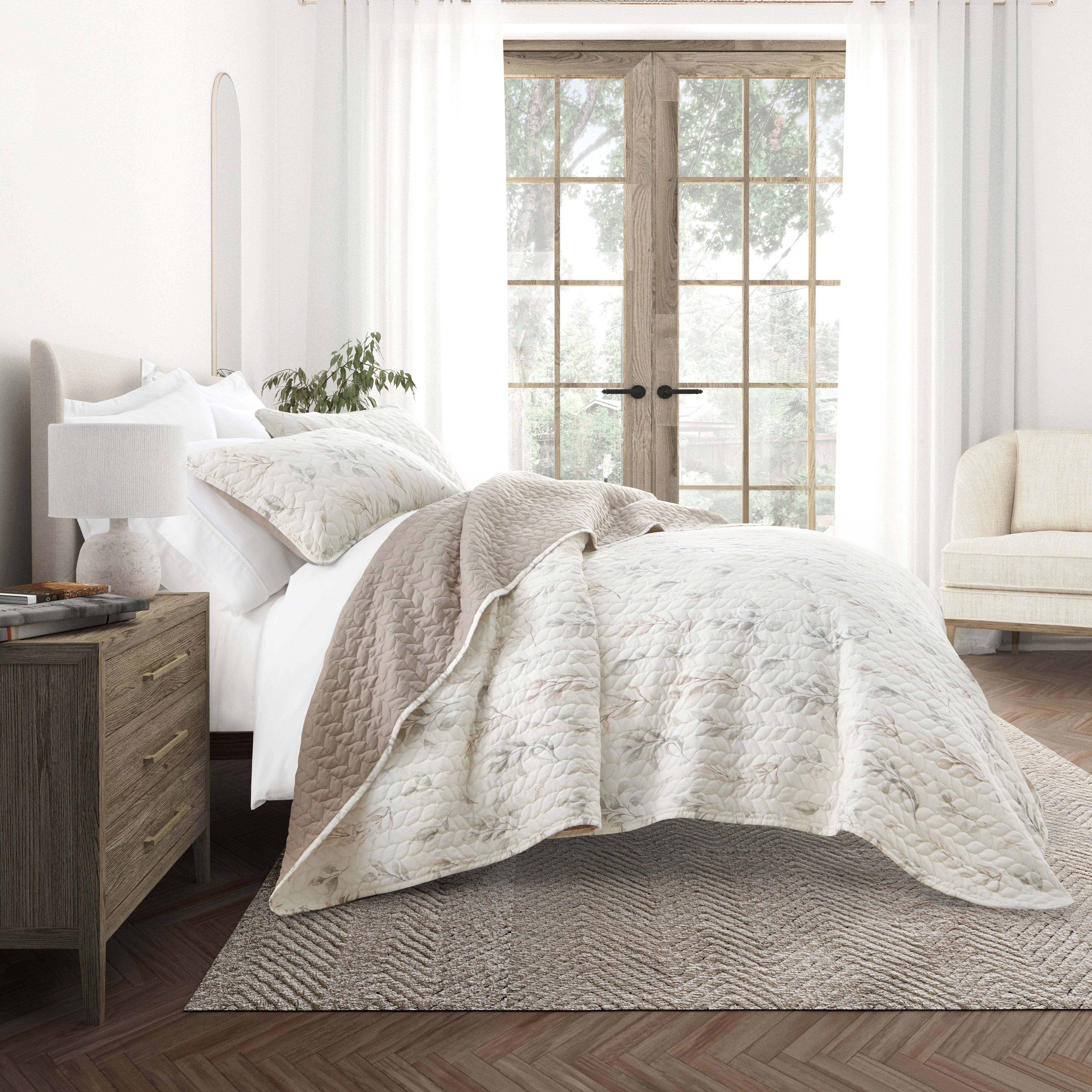 Watercolor Leaves Patterned Reversible Quilted Coverlet Set