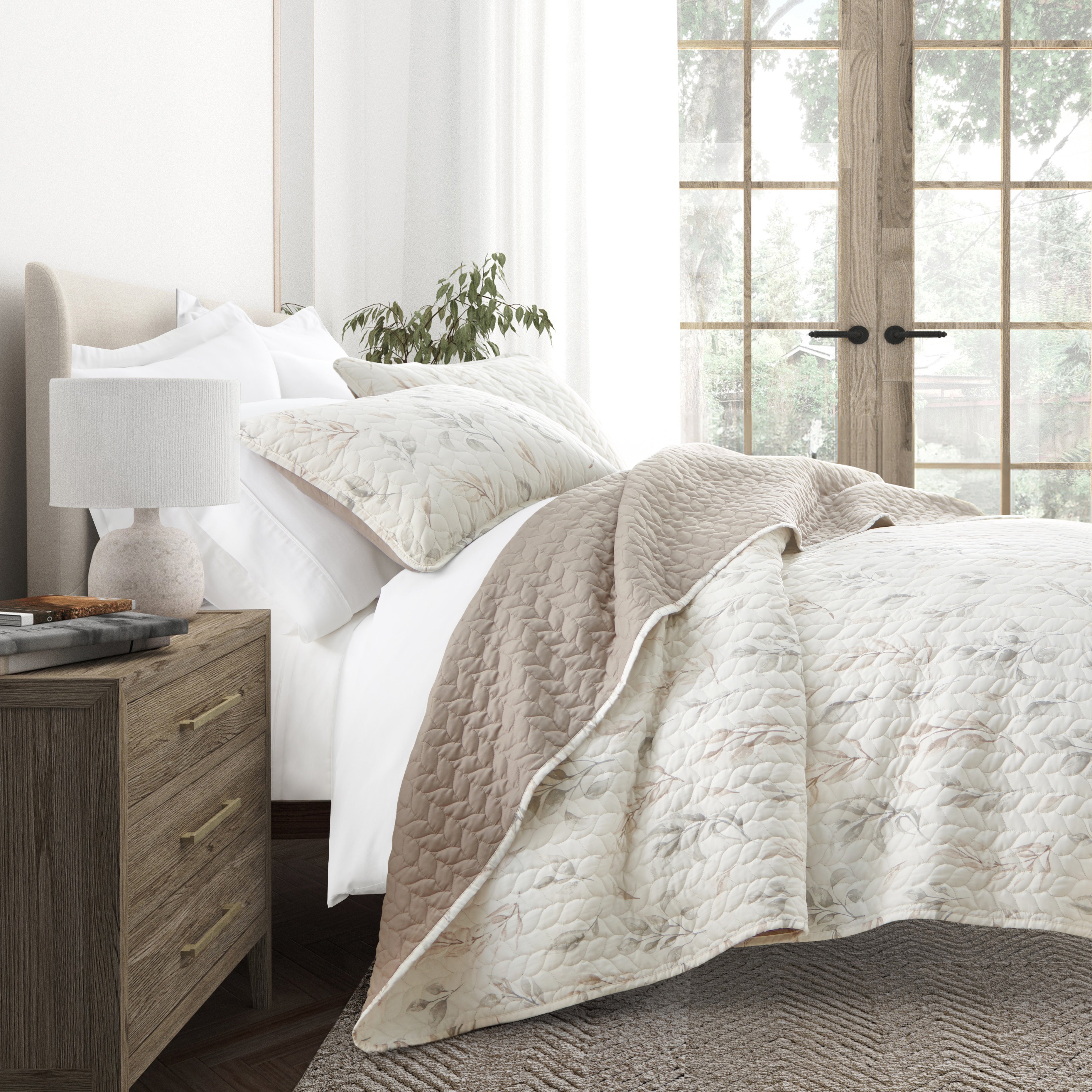 Watercolor Leaves Patterned Reversible Quilted Coverlet Set