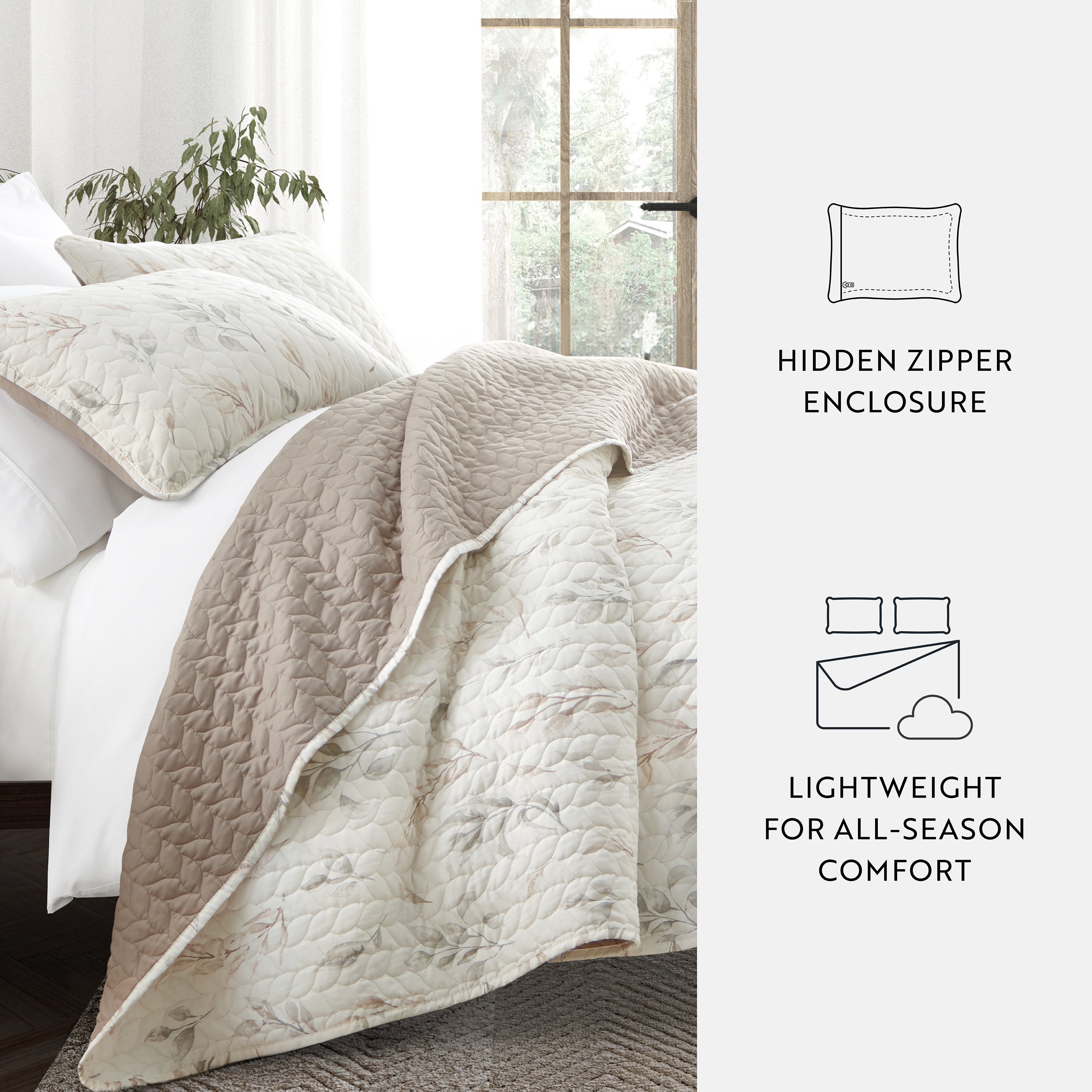 Watercolor Leaves Patterned Reversible Quilted Coverlet Set